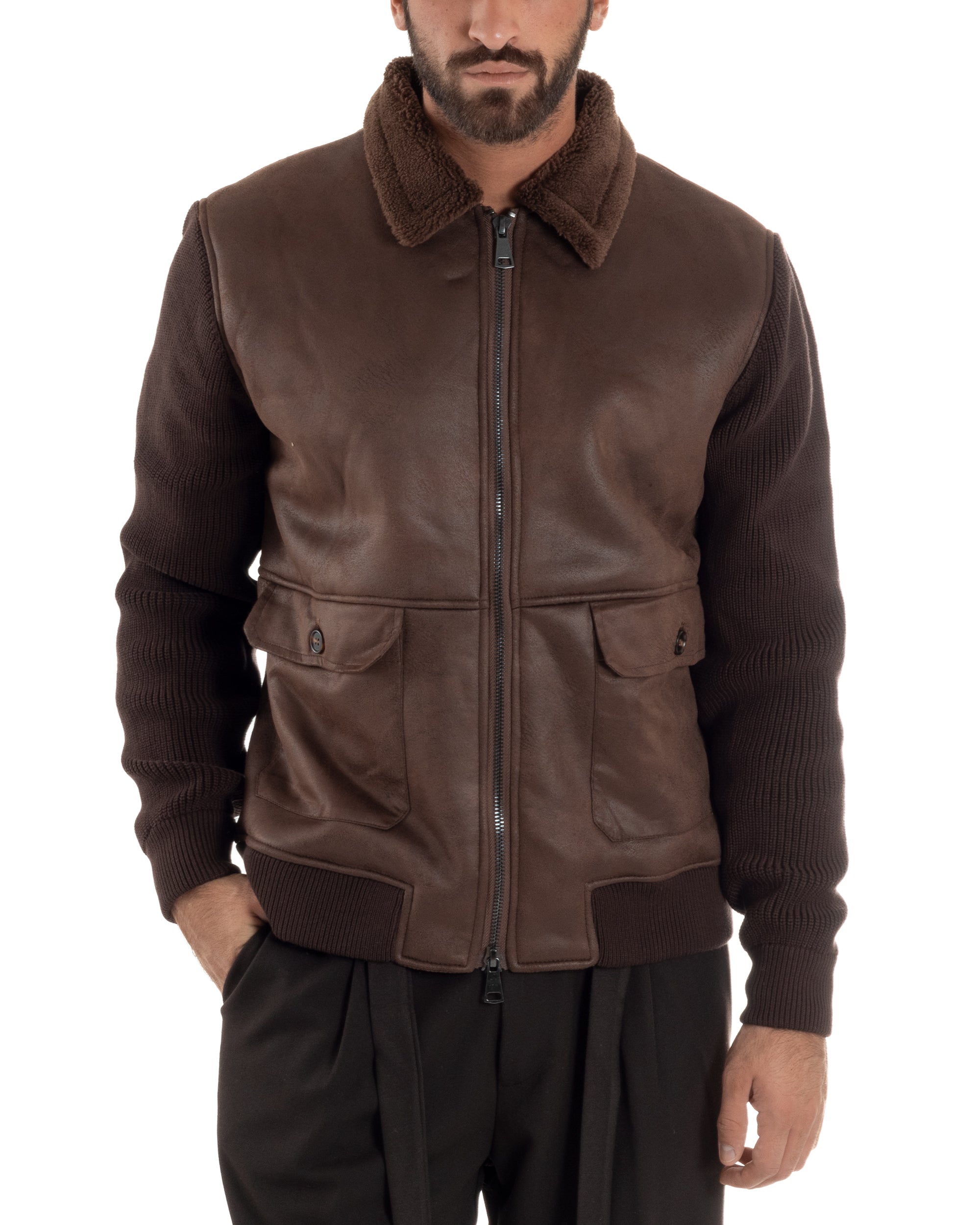 Giubbotto Ecopelle Maniche Maglia College Collo Pelliccia Marrone G3347A