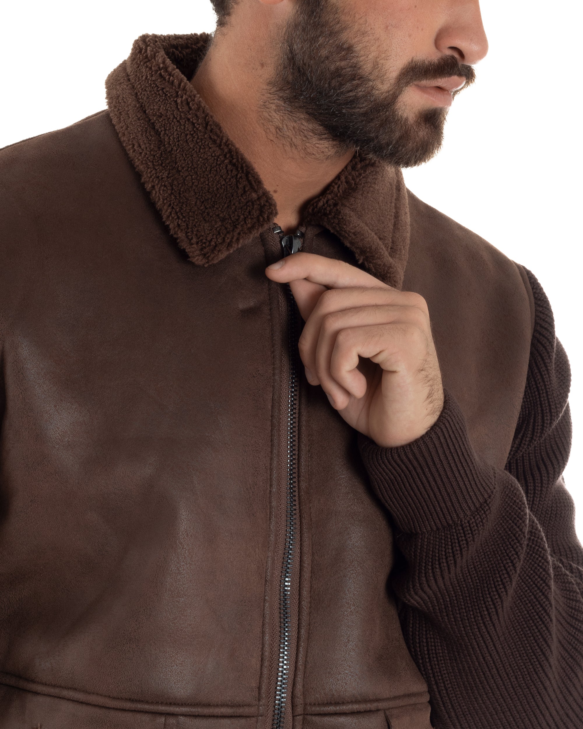 Giubbotto Ecopelle Maniche Maglia College Collo Pelliccia Marrone G3347A