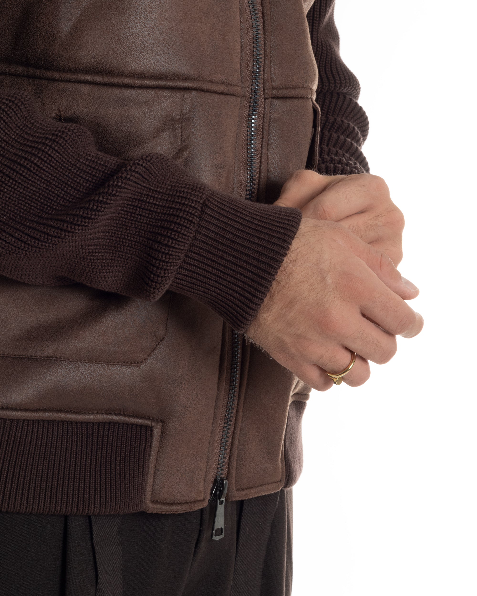 Giubbotto Ecopelle Maniche Maglia College Collo Pelliccia Marrone G3347A