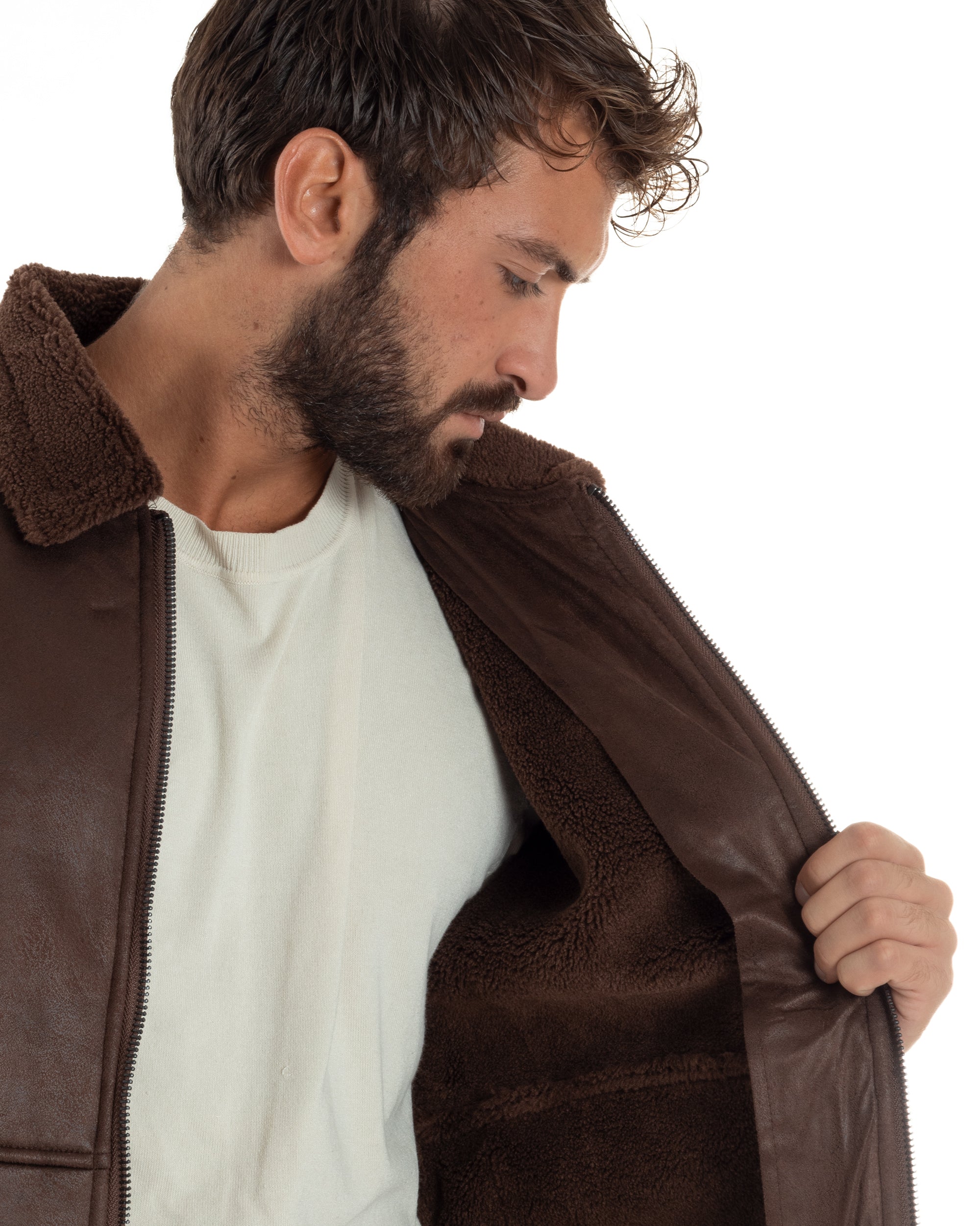 Giubbotto Ecopelle Maniche Maglia College Collo Pelliccia Marrone G3347A