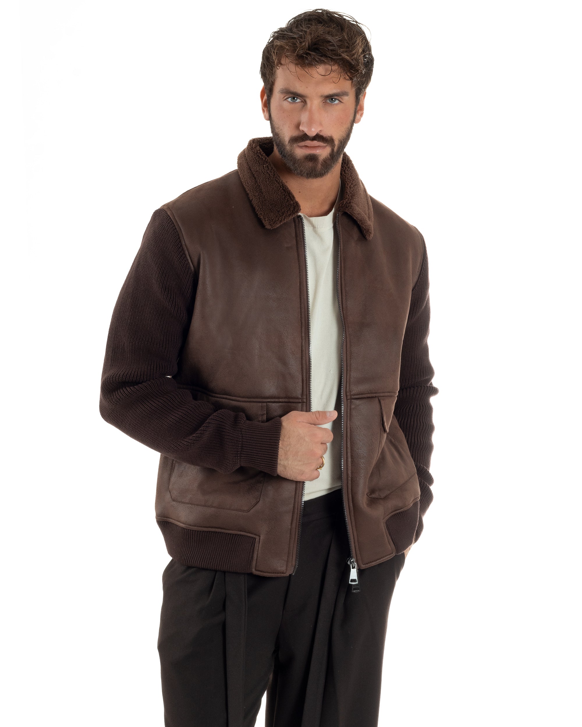 Giubbotto Ecopelle Maniche Maglia College Collo Pelliccia Marrone G3347A