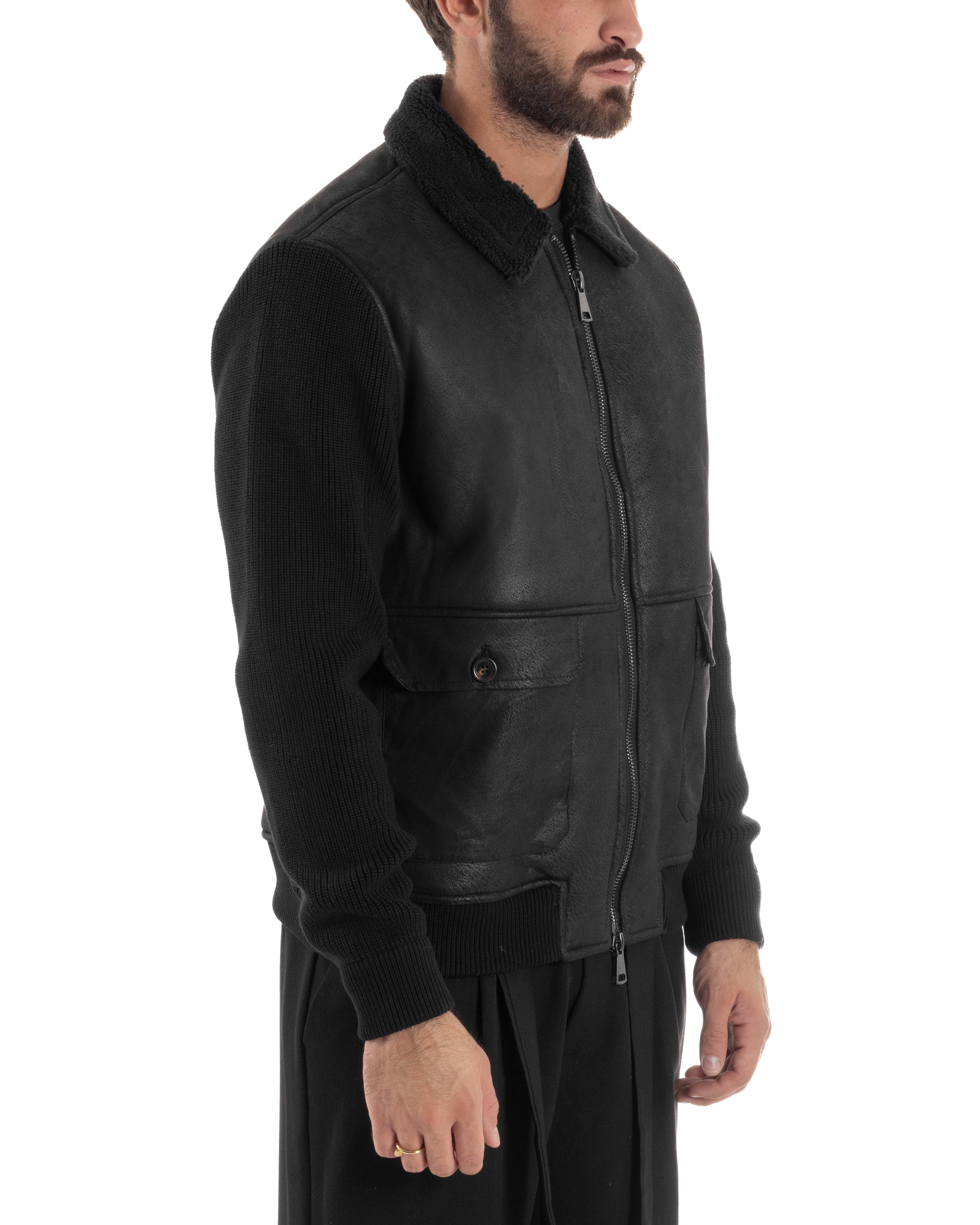 Giubbotto Ecopelle Maniche Maglia College Collo Pelliccia Nero G3346A