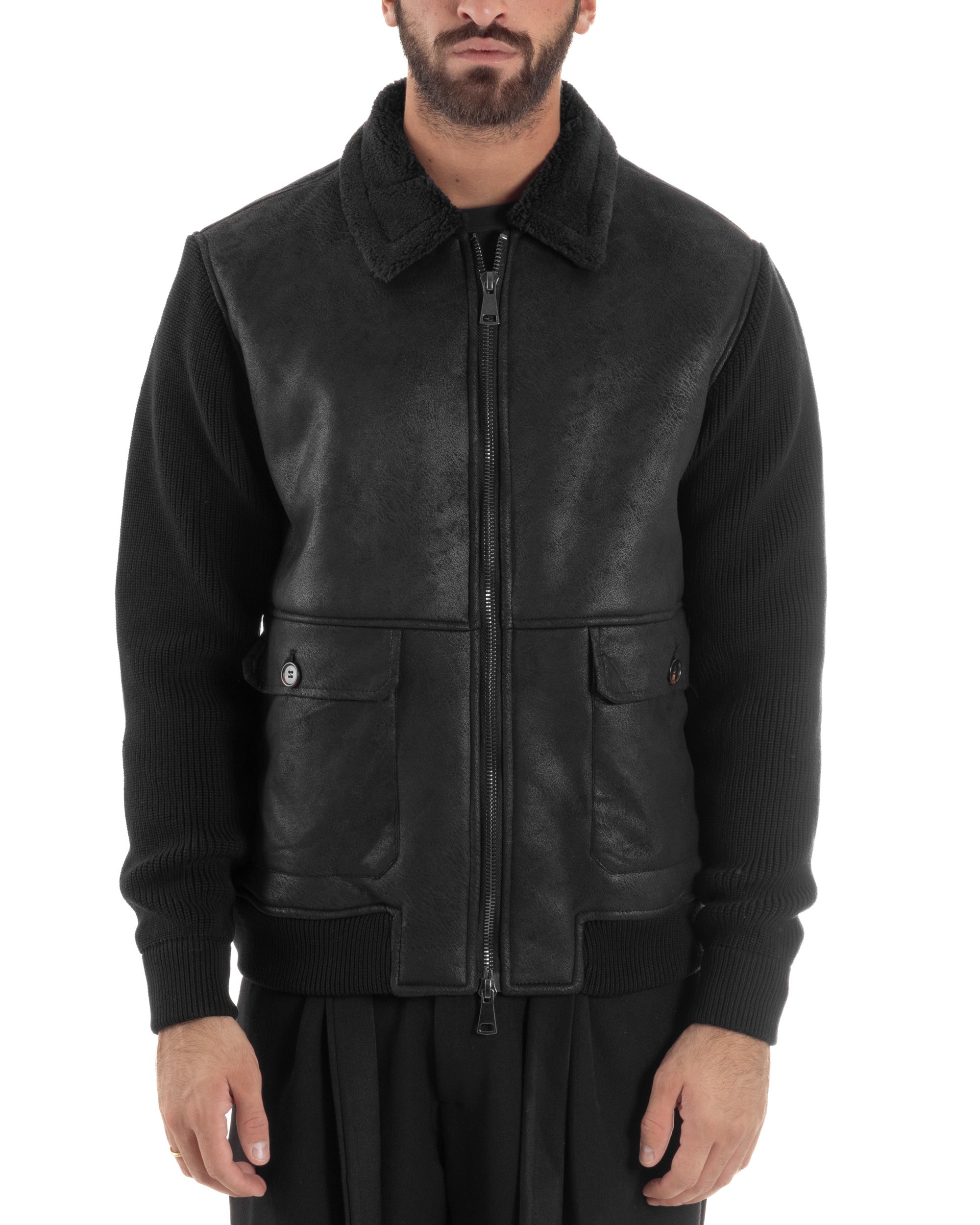 Giubbotto Ecopelle Maniche Maglia College Collo Pelliccia Nero G3346A