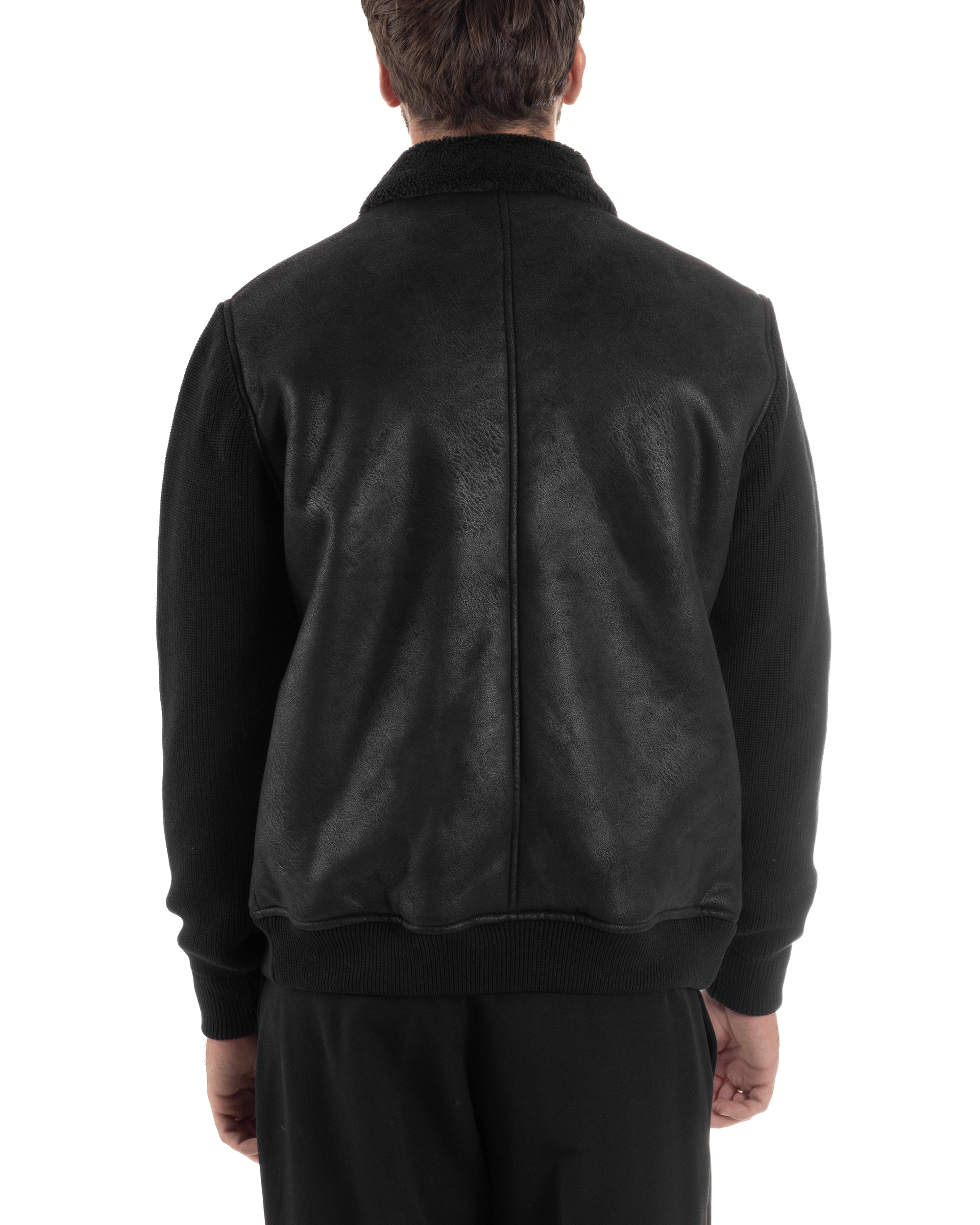 Giubbotto Ecopelle Maniche Maglia College Collo Pelliccia Nero G3346A