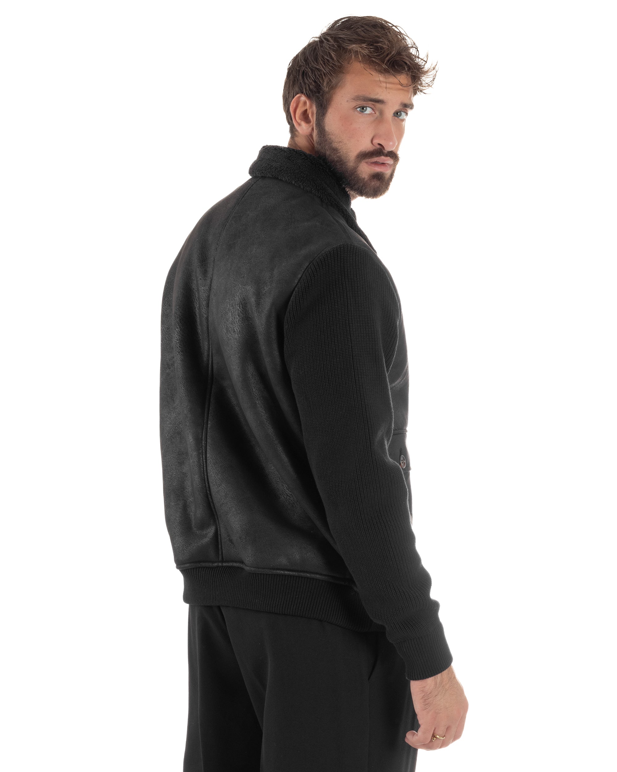 Giubbotto Ecopelle Maniche Maglia College Collo Pelliccia Nero G3346A