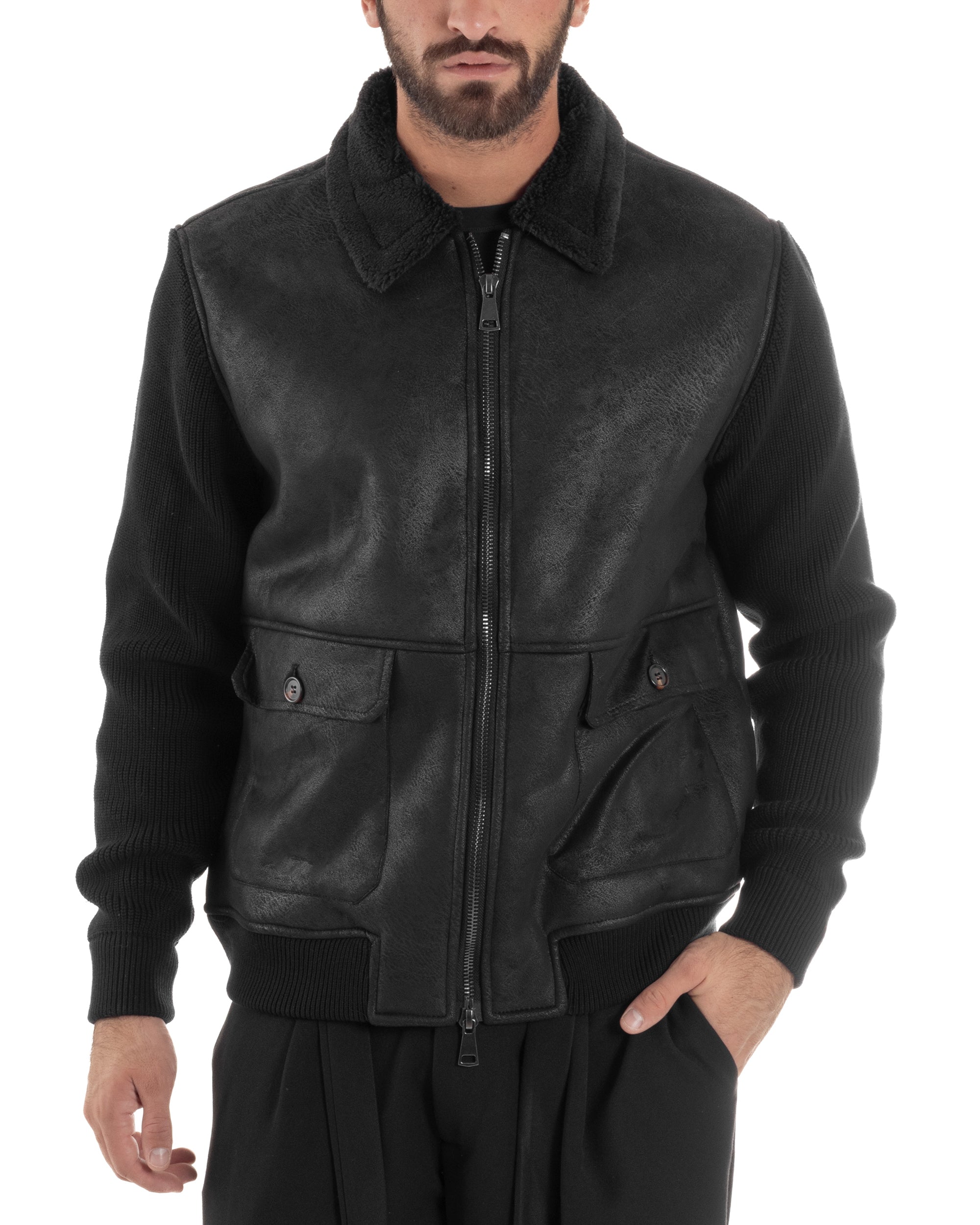 Giubbotto Ecopelle Maniche Maglia College Collo Pelliccia Nero G3346A
