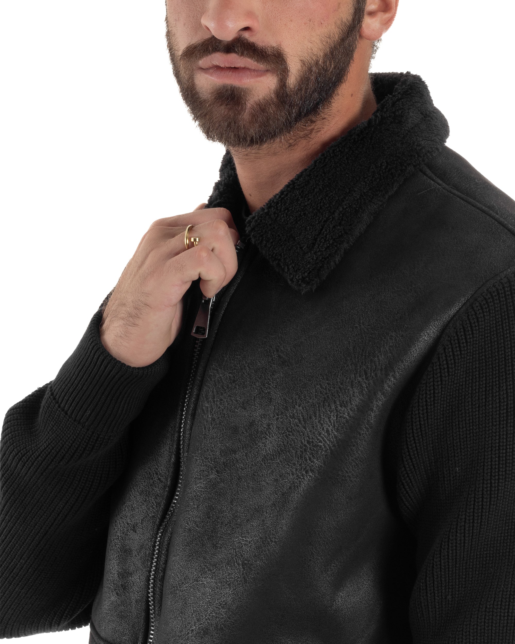 Giubbotto Ecopelle Maniche Maglia College Collo Pelliccia Nero G3346A