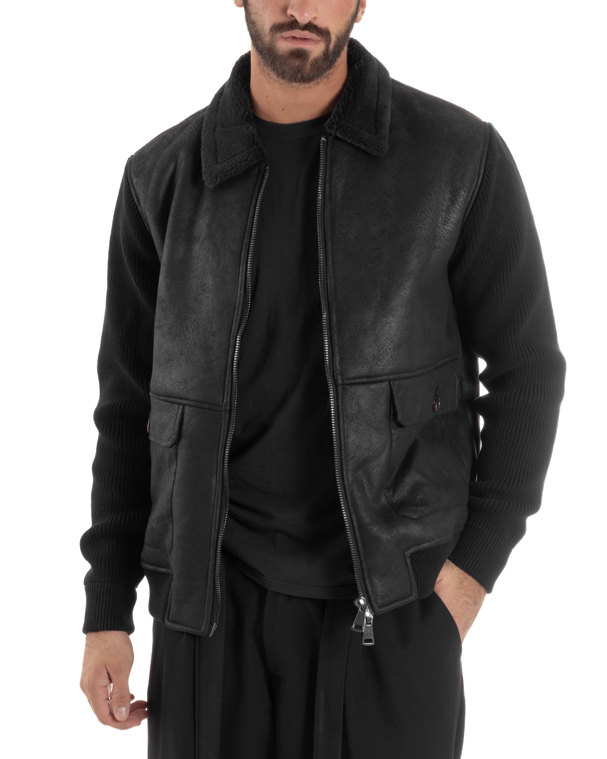 Giubbotto Ecopelle Maniche Maglia College Collo Pelliccia Nero G3346A