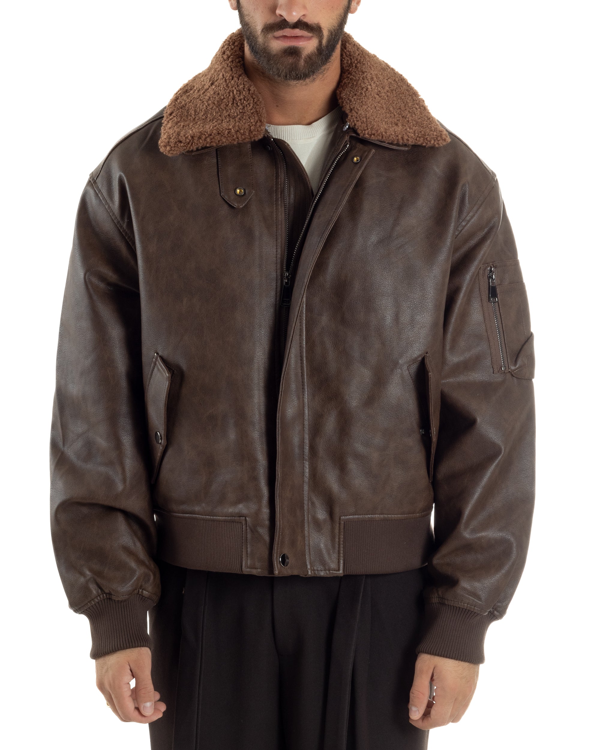 Giubbotto Uomo Ecopelle Bomber Collo Pelliccia Aviatore Oversize Marrone G3343A
