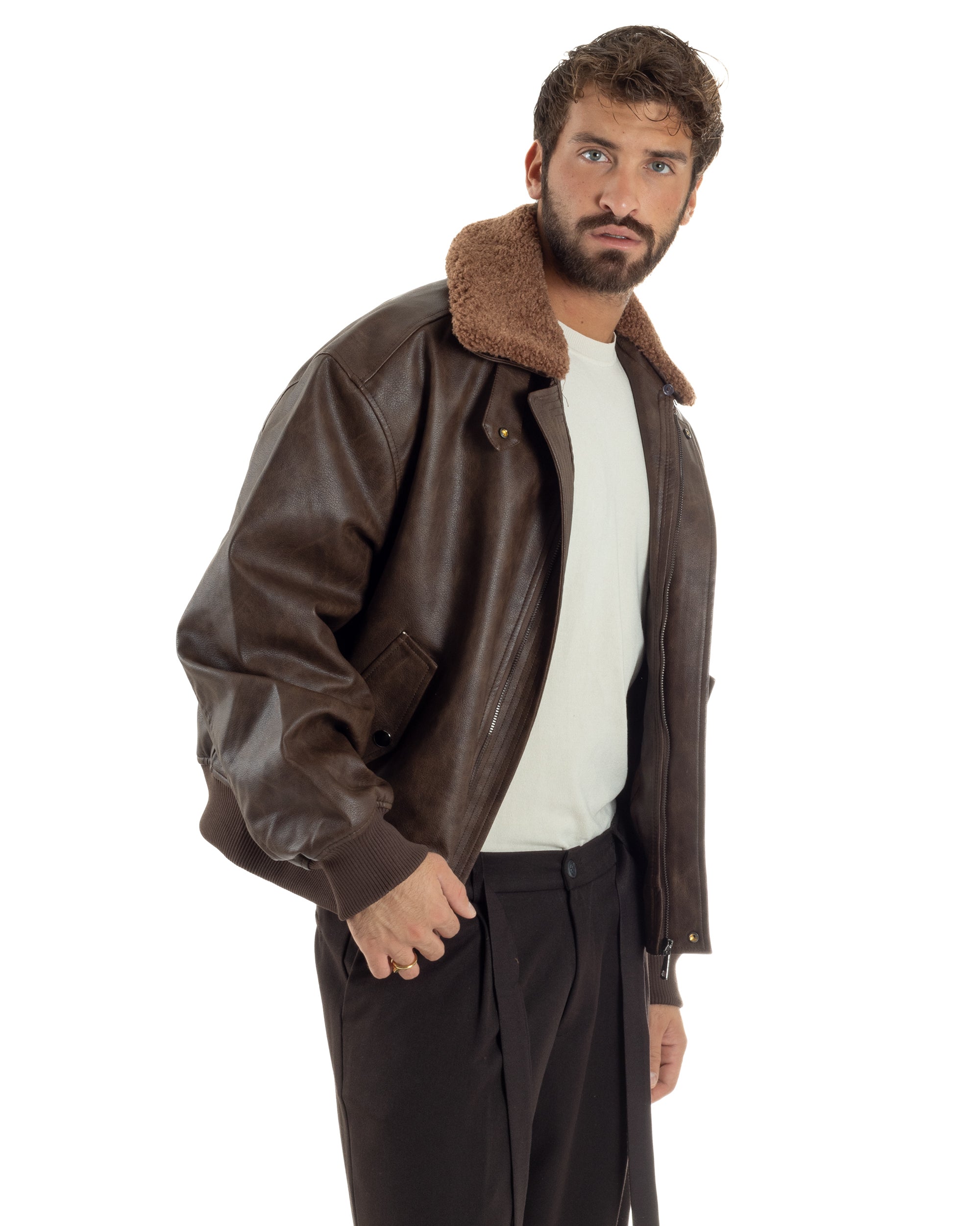Giubbotto Uomo Ecopelle Bomber Collo Pelliccia Aviatore Oversize Marrone G3343A