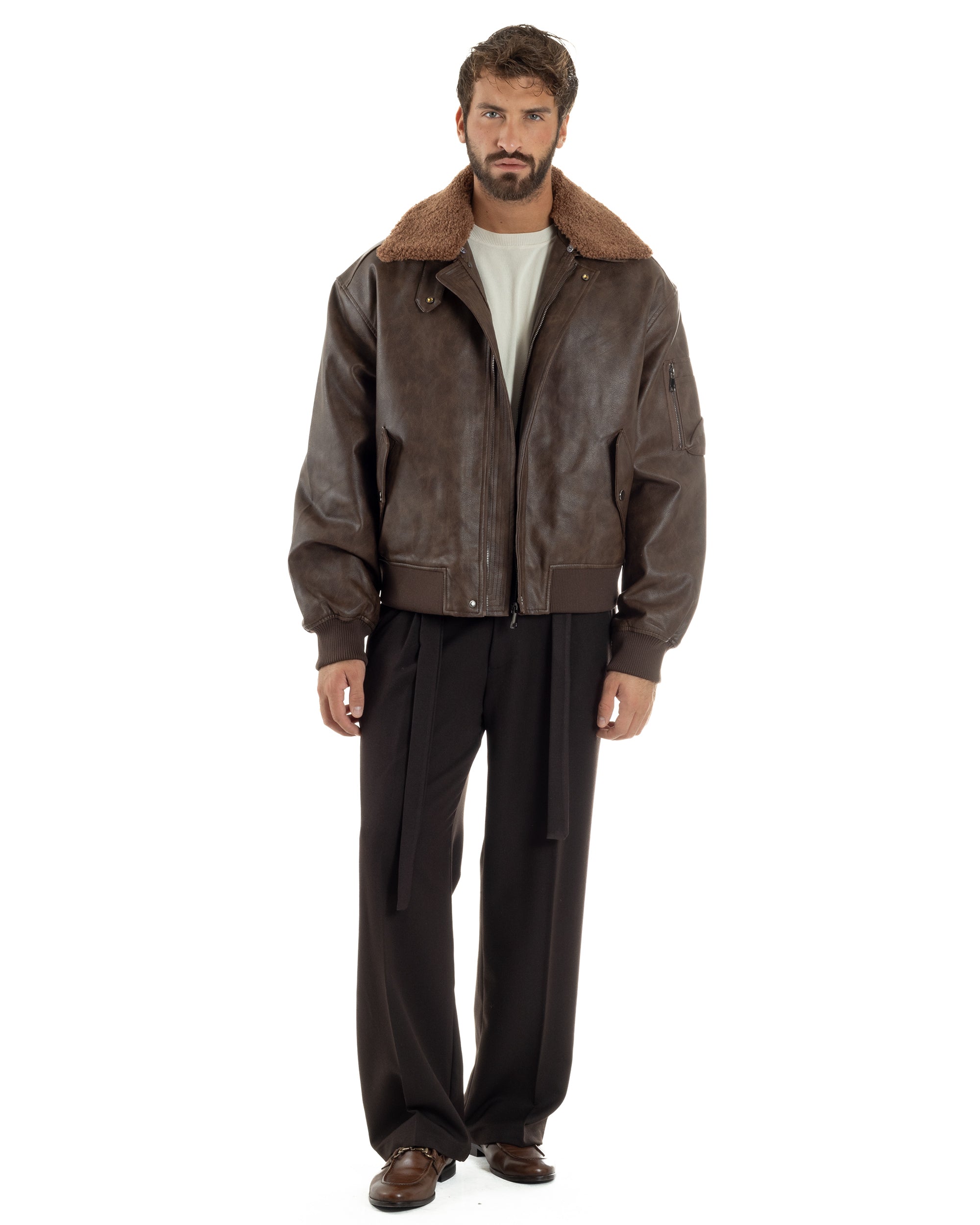 Giubbotto Uomo Ecopelle Bomber Collo Pelliccia Aviatore Oversize Marrone G3343A