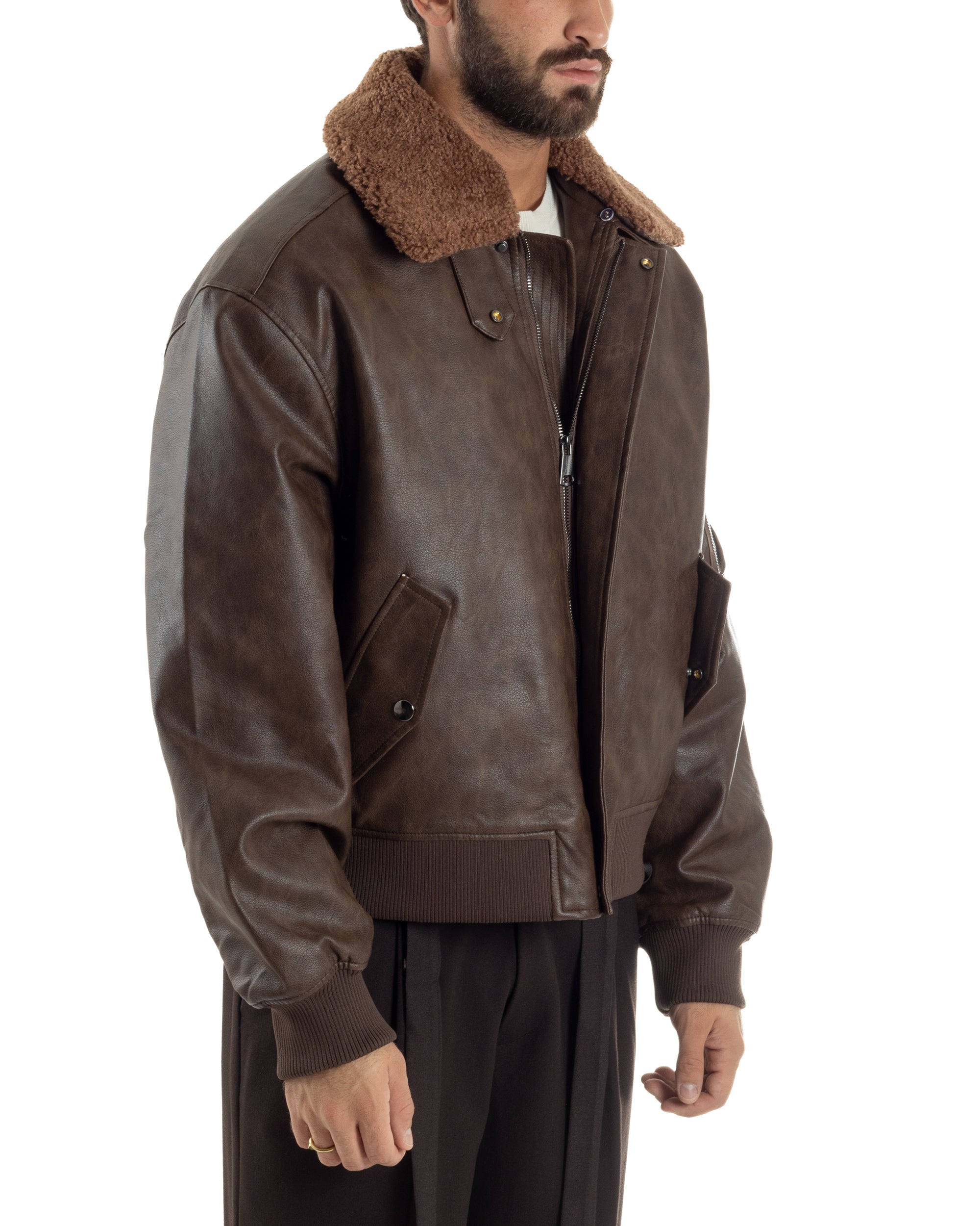 Giubbotto Uomo Ecopelle Bomber Collo Pelliccia Aviatore Oversize Marrone G3343A