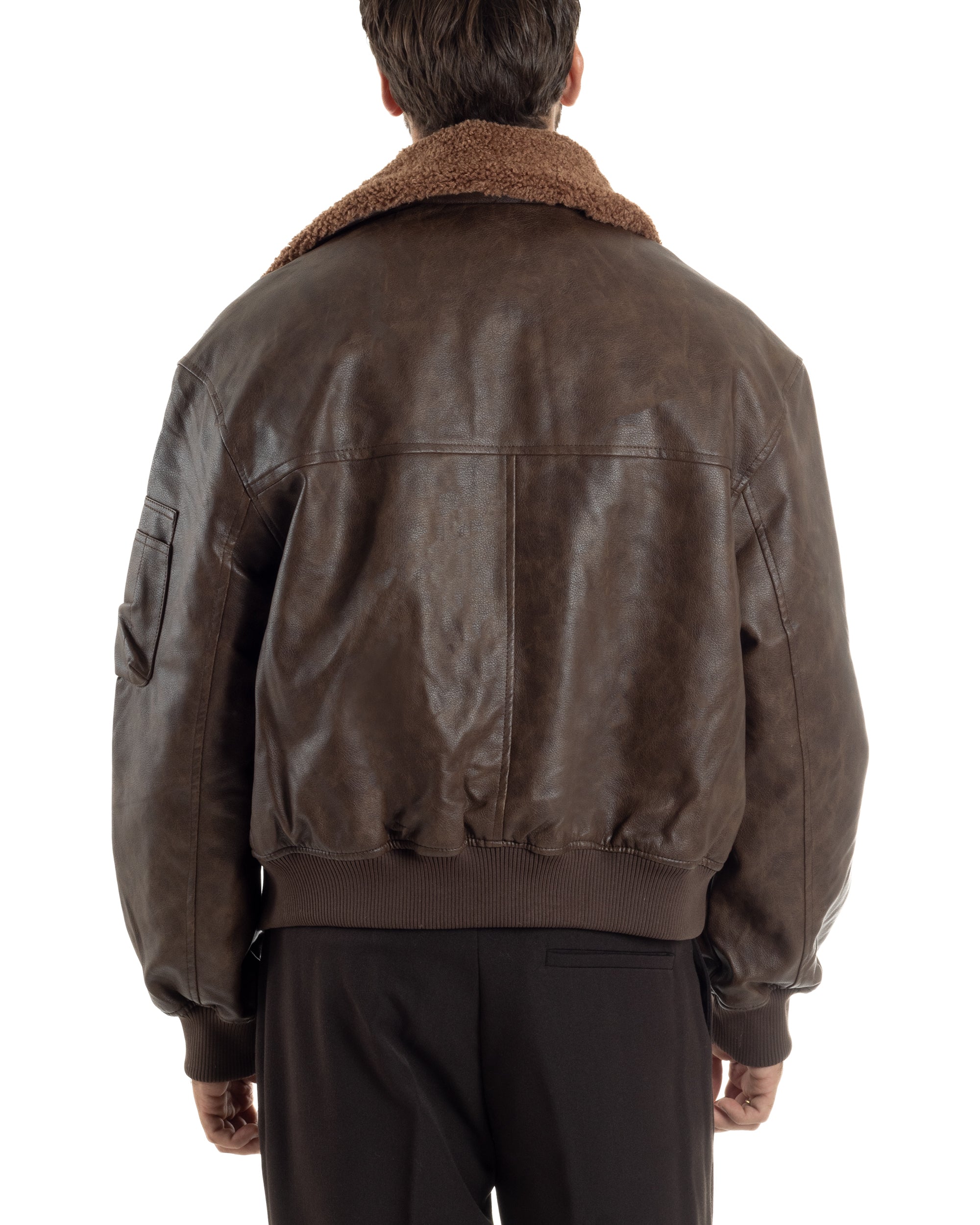 Giubbotto Uomo Ecopelle Bomber Collo Pelliccia Aviatore Oversize Marrone G3343A