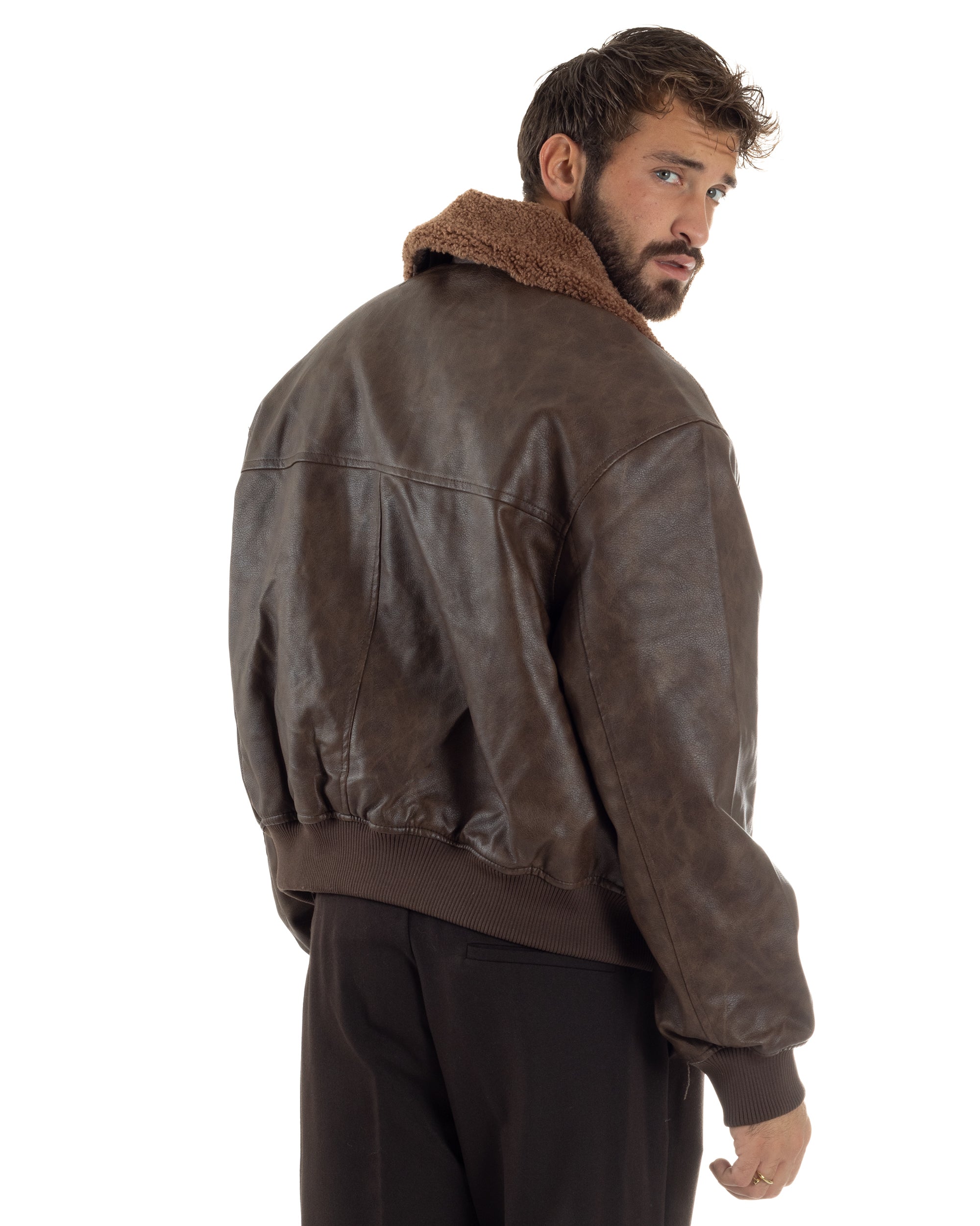 Giubbotto Uomo Ecopelle Bomber Collo Pelliccia Aviatore Oversize Marrone G3343A