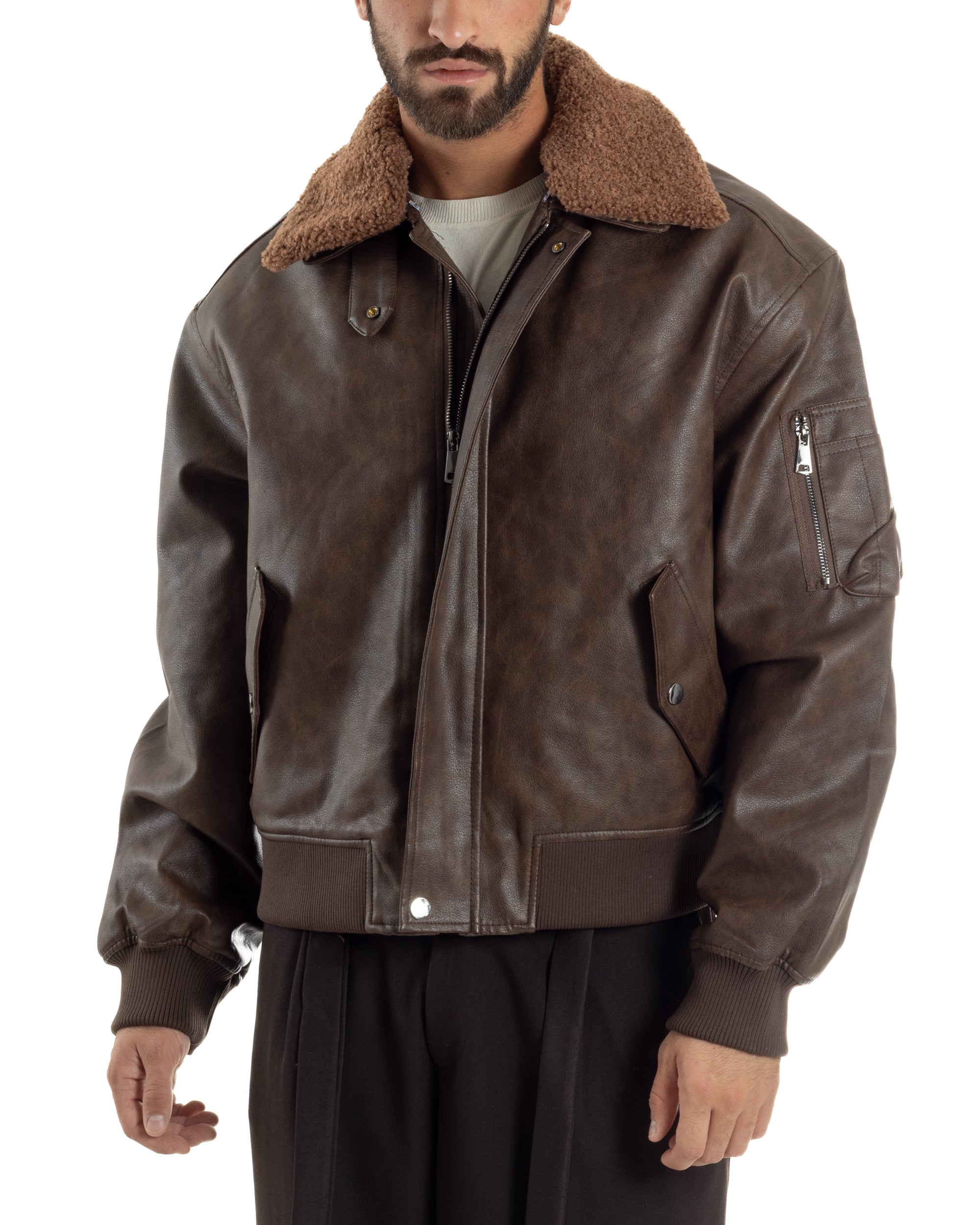 Giubbotto Uomo Ecopelle Bomber Collo Pelliccia Aviatore Oversize Marrone G3343A