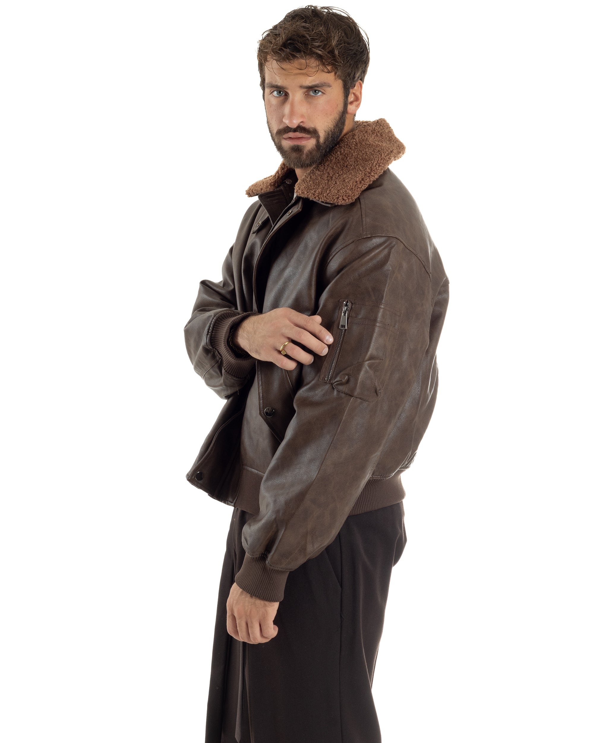 Giubbotto Uomo Ecopelle Bomber Collo Pelliccia Aviatore Oversize Marrone G3343A