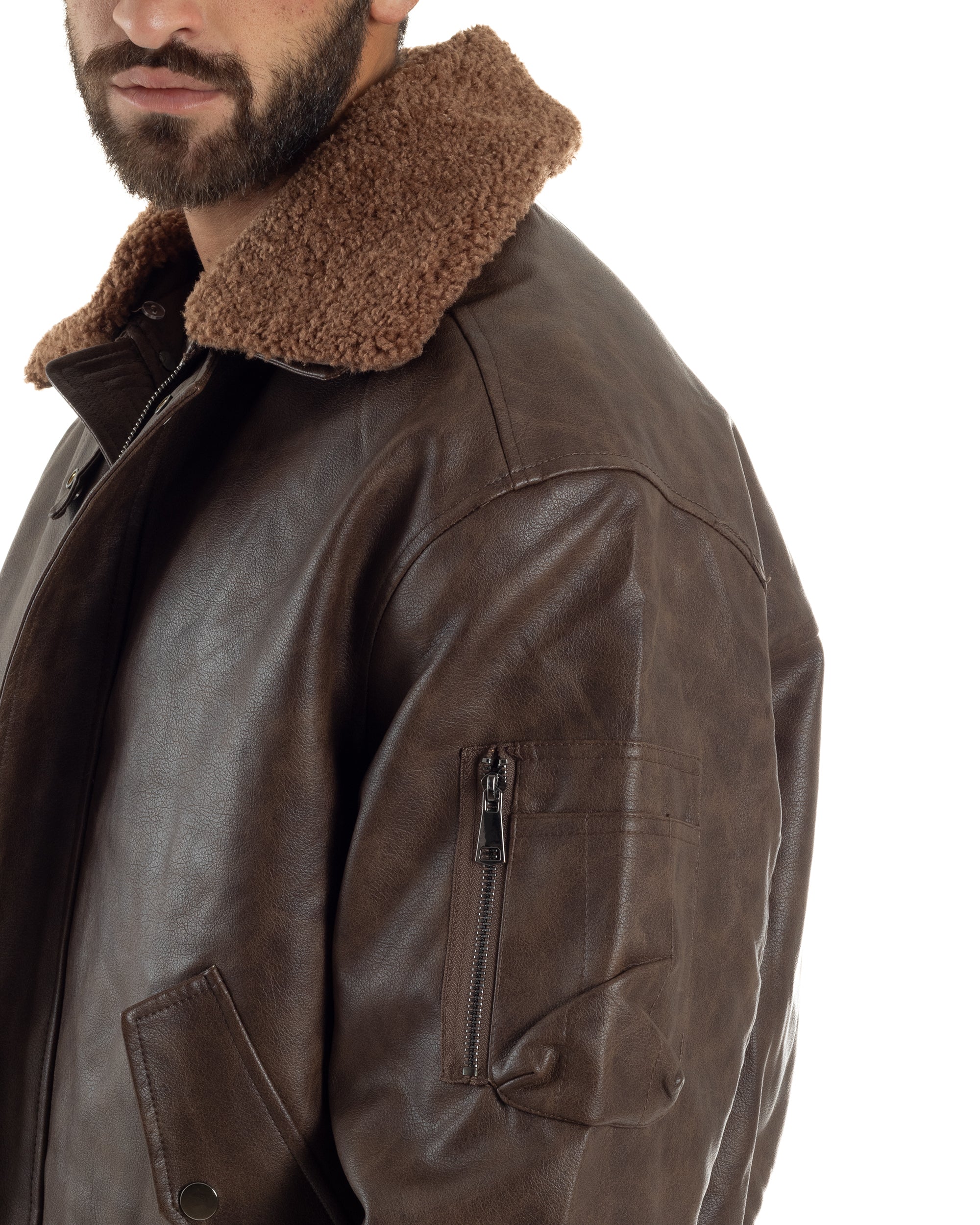Giubbotto Uomo Ecopelle Bomber Collo Pelliccia Aviatore Oversize Marrone G3343A