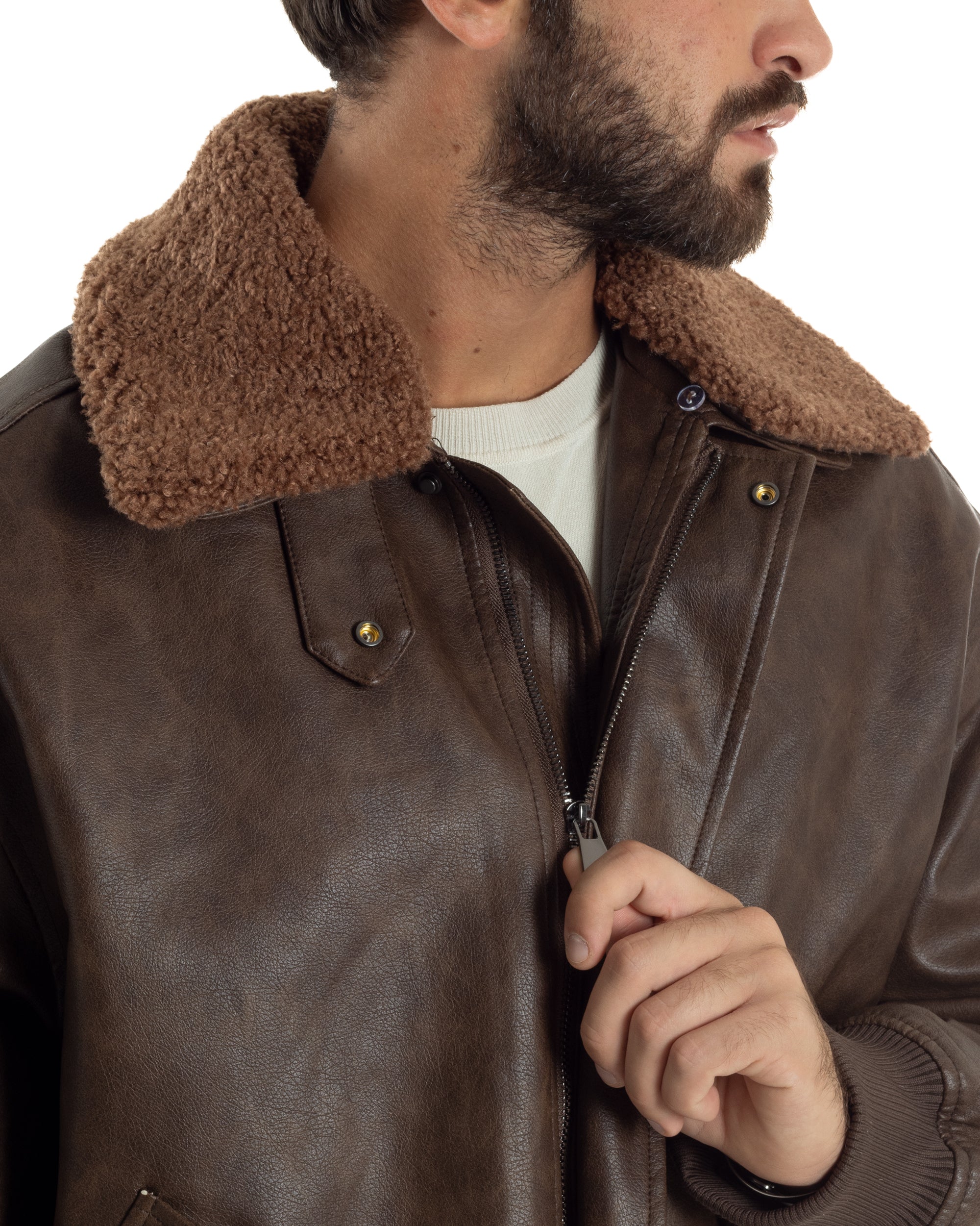 Giubbotto Uomo Ecopelle Bomber Collo Pelliccia Aviatore Oversize Marrone G3343A