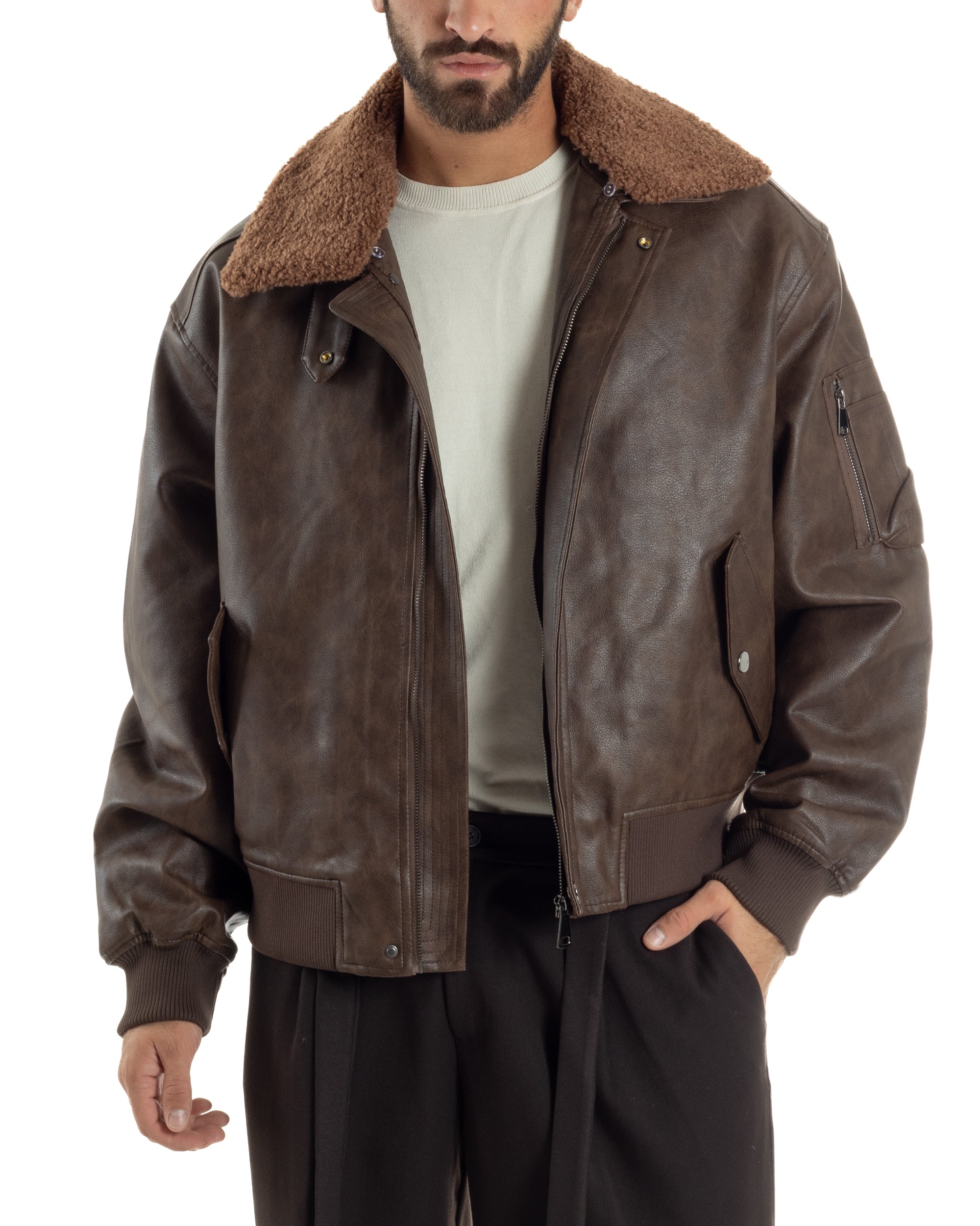Giubbotto Uomo Ecopelle Bomber Collo Pelliccia Aviatore Oversize Marrone G3343A