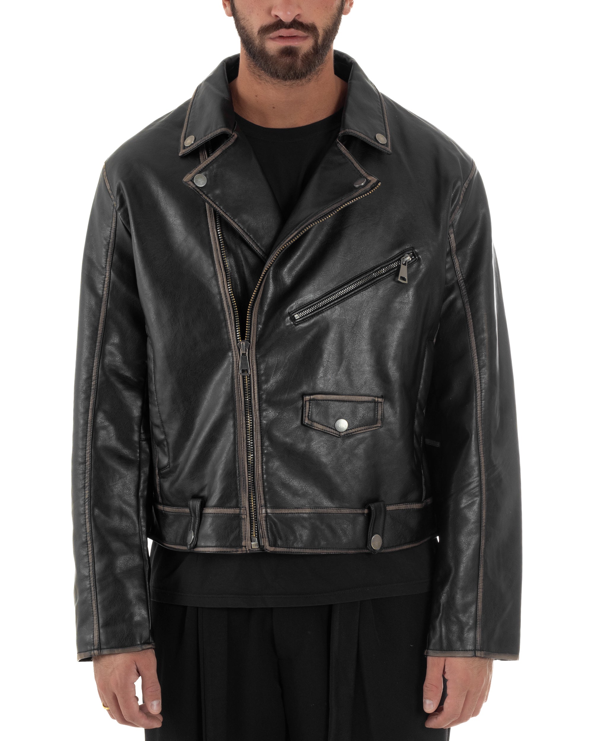 Giubbotto Crop Oversize Chiodo Ecopelle Vintage Nero G3345A