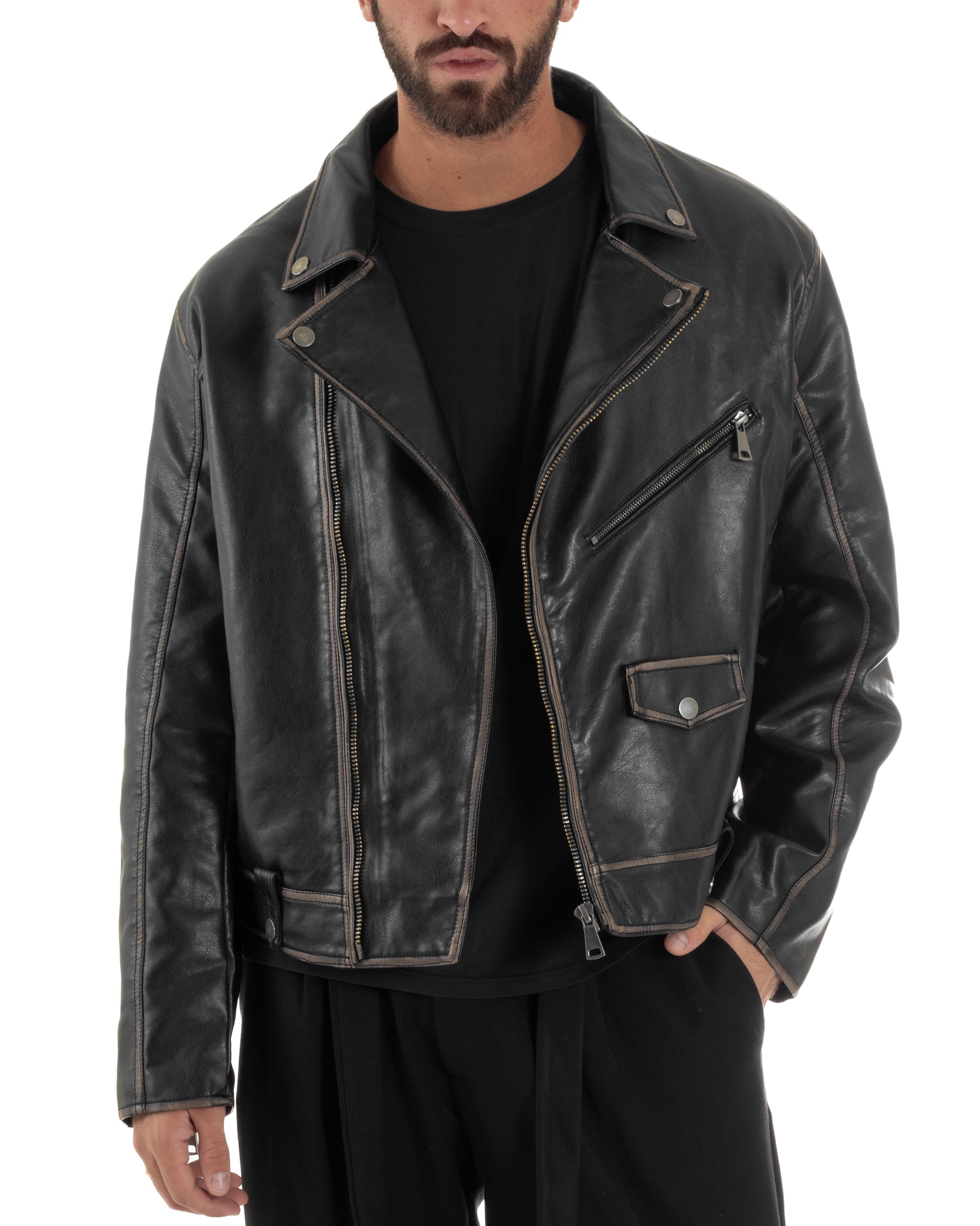 Giubbotto Crop Oversize Chiodo Ecopelle Vintage Nero G3345A