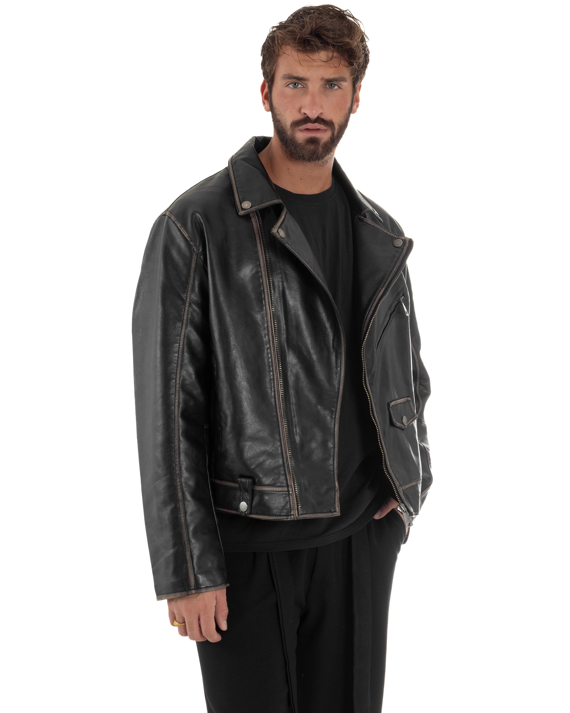 Giubbotto Crop Oversize Chiodo Ecopelle Vintage Nero G3345A