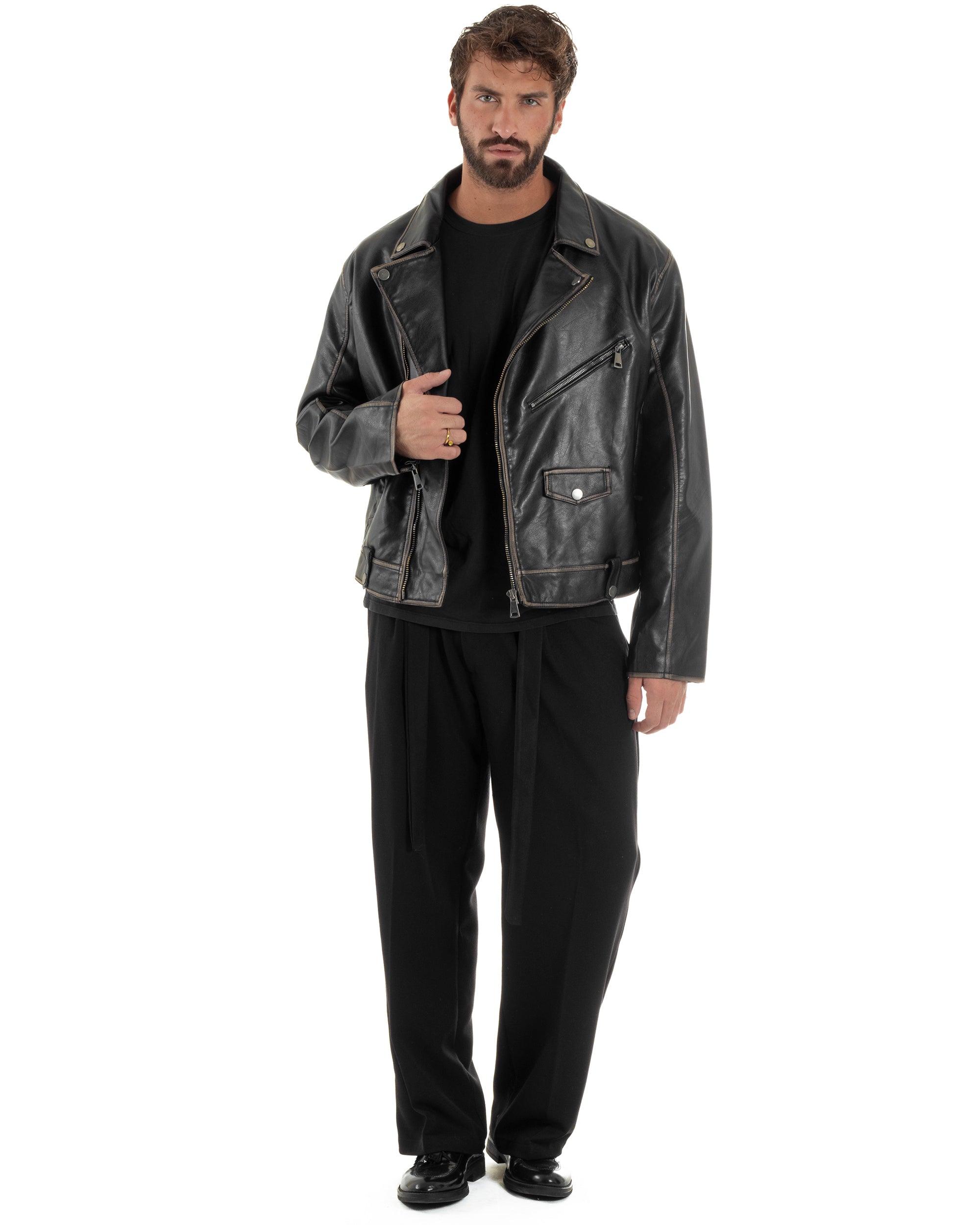 Giubbotto Crop Oversize Chiodo Ecopelle Vintage Nero G3345A