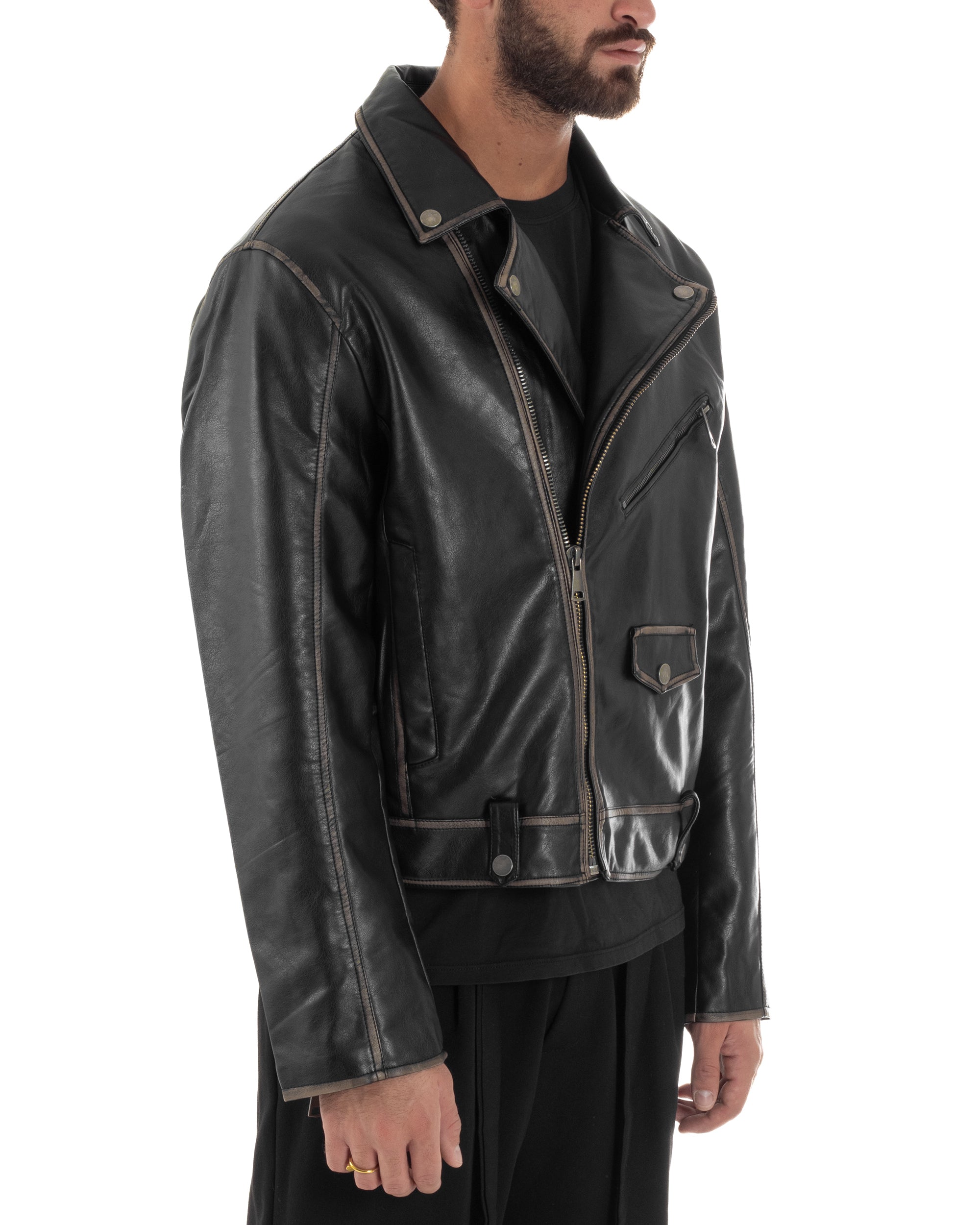 Giubbotto Crop Oversize Chiodo Ecopelle Vintage Nero G3345A