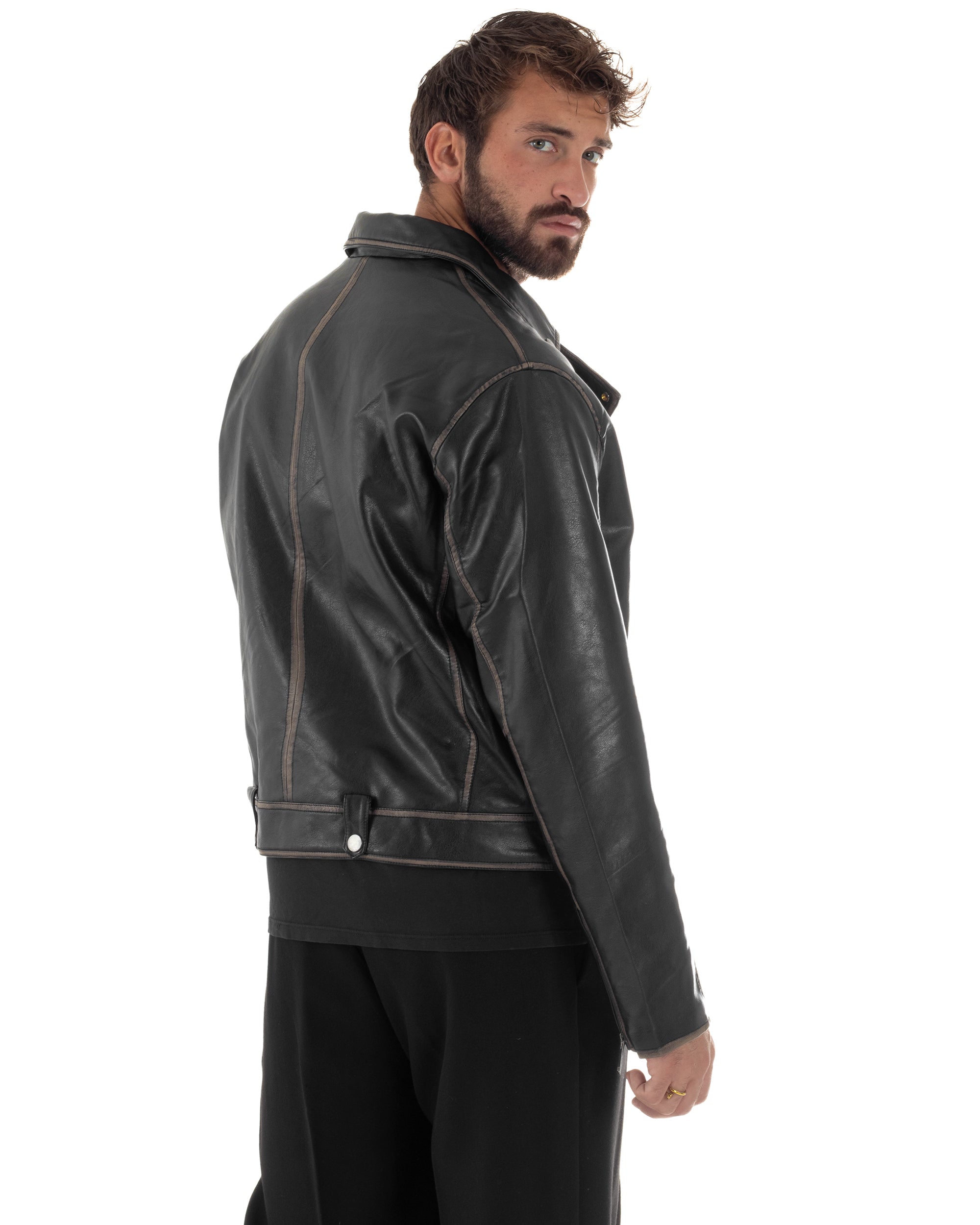 Giubbotto Crop Oversize Chiodo Ecopelle Vintage Nero G3345A