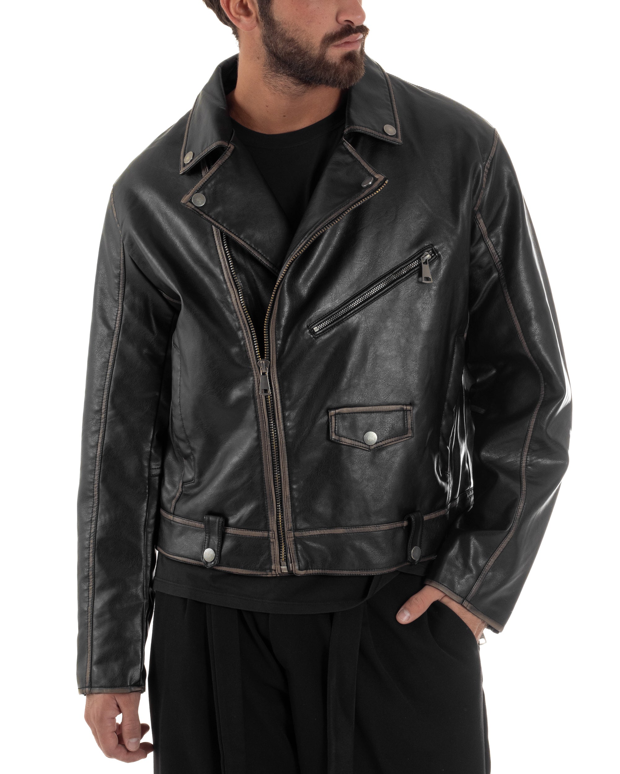 Giubbotto Crop Oversize Chiodo Ecopelle Vintage Nero G3345A