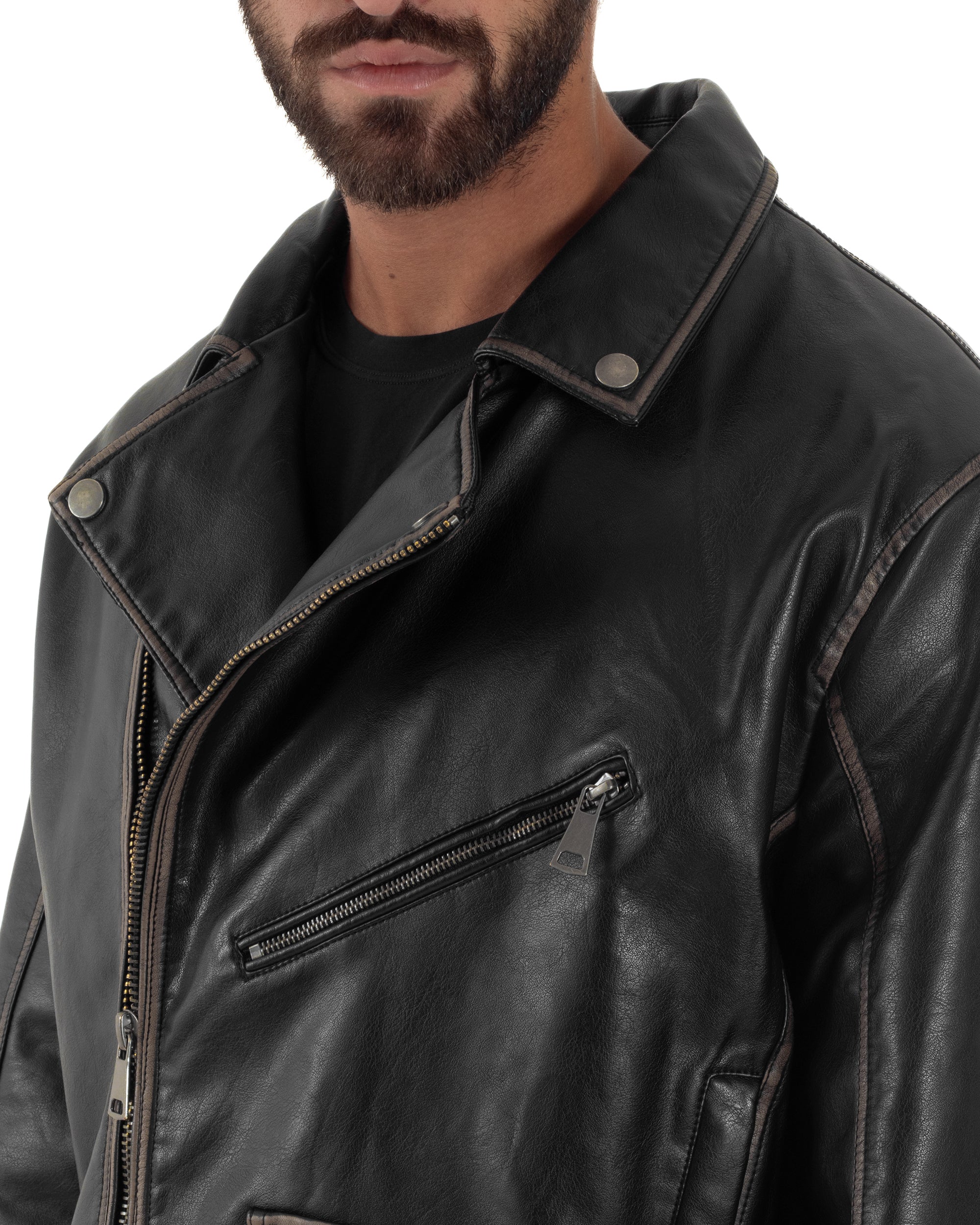 Giubbotto Crop Oversize Chiodo Ecopelle Vintage Nero G3345A