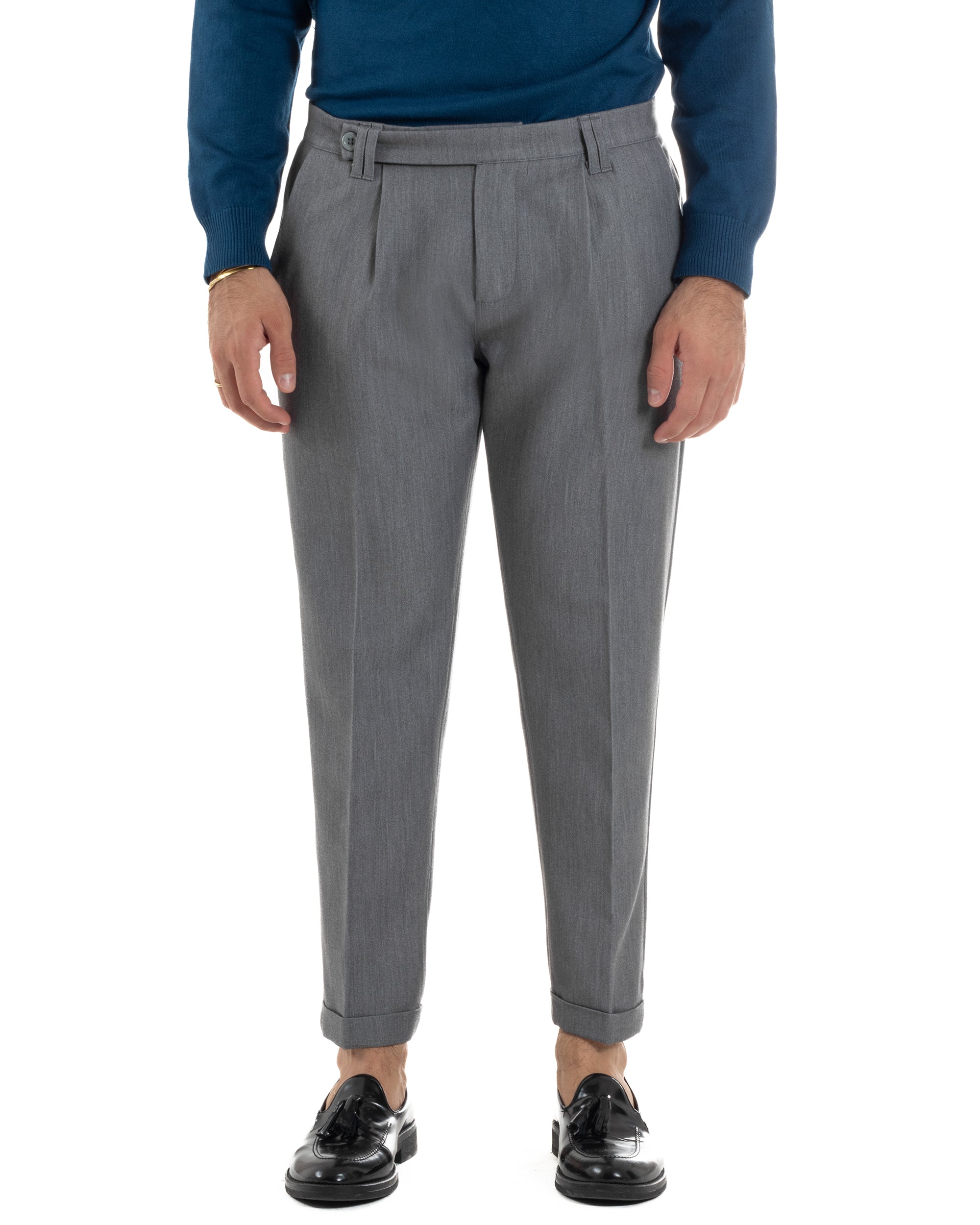 Pantaloni Uomo Viscosa Pinces Classico Abbottonatura Allungata Grigio P6393A