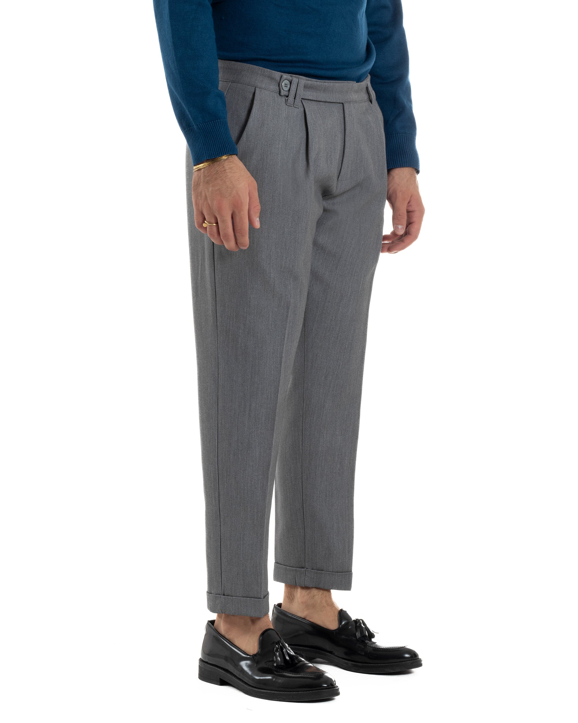 Pantaloni Uomo Viscosa Pinces Classico Abbottonatura Allungata Grigio P6393A