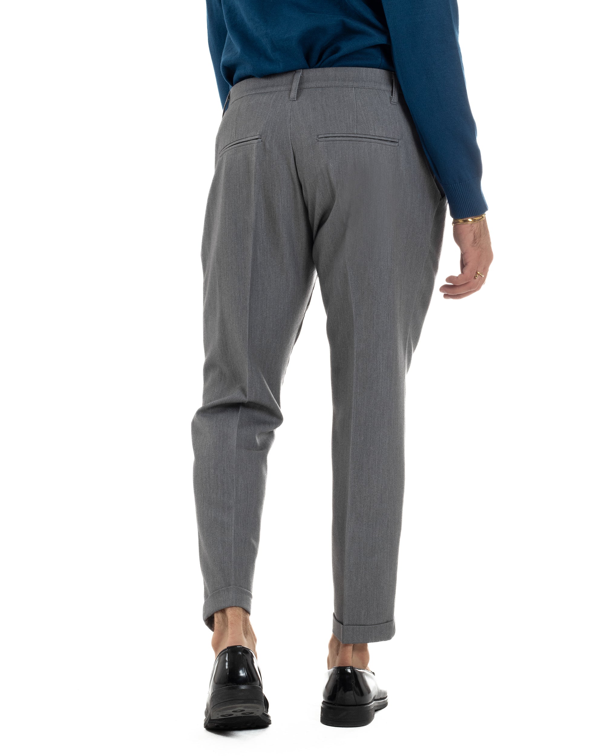 Pantaloni Uomo Viscosa Pinces Classico Abbottonatura Allungata Grigio P6393A