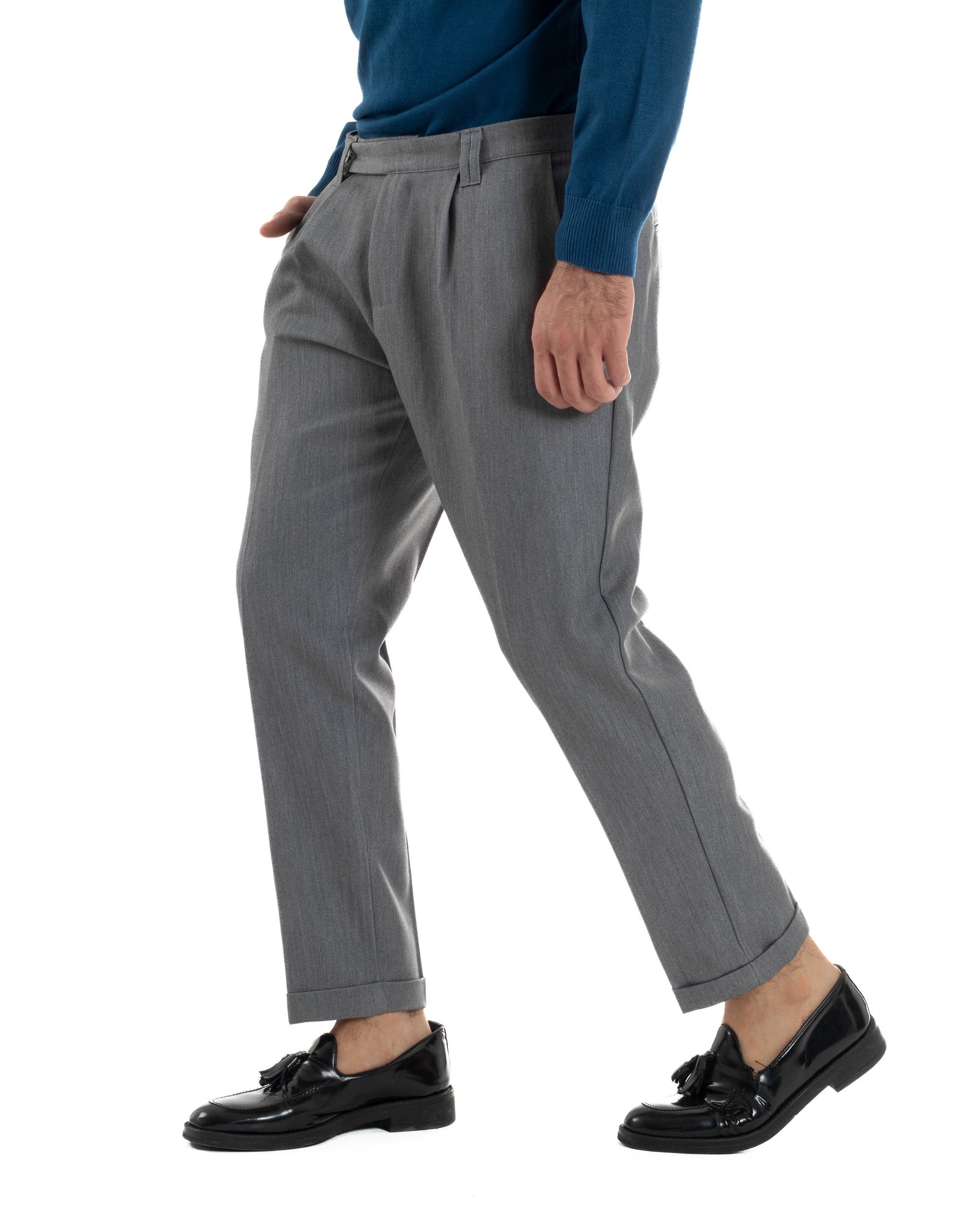 Pantaloni Uomo Viscosa Pinces Classico Abbottonatura Allungata Grigio P6393A