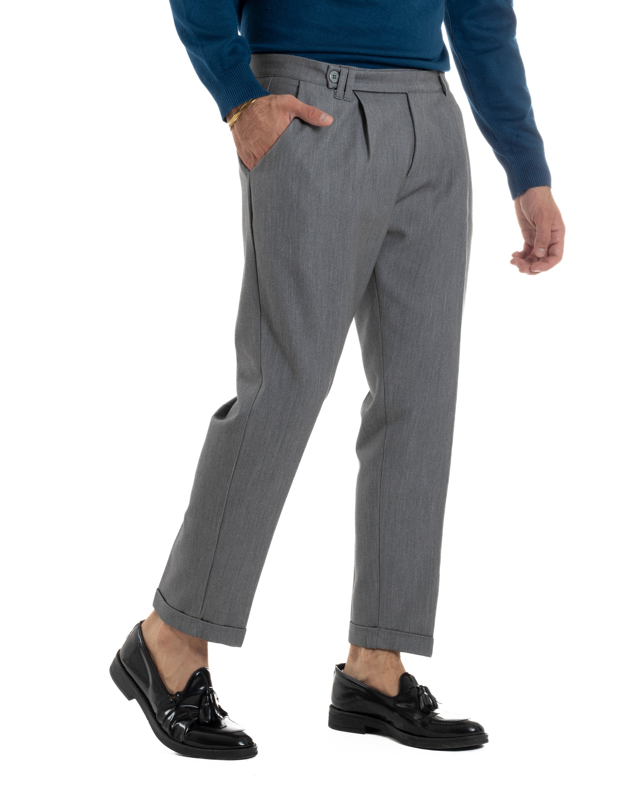 Pantaloni Uomo Viscosa Pinces Classico Abbottonatura Allungata Grigio P6393A