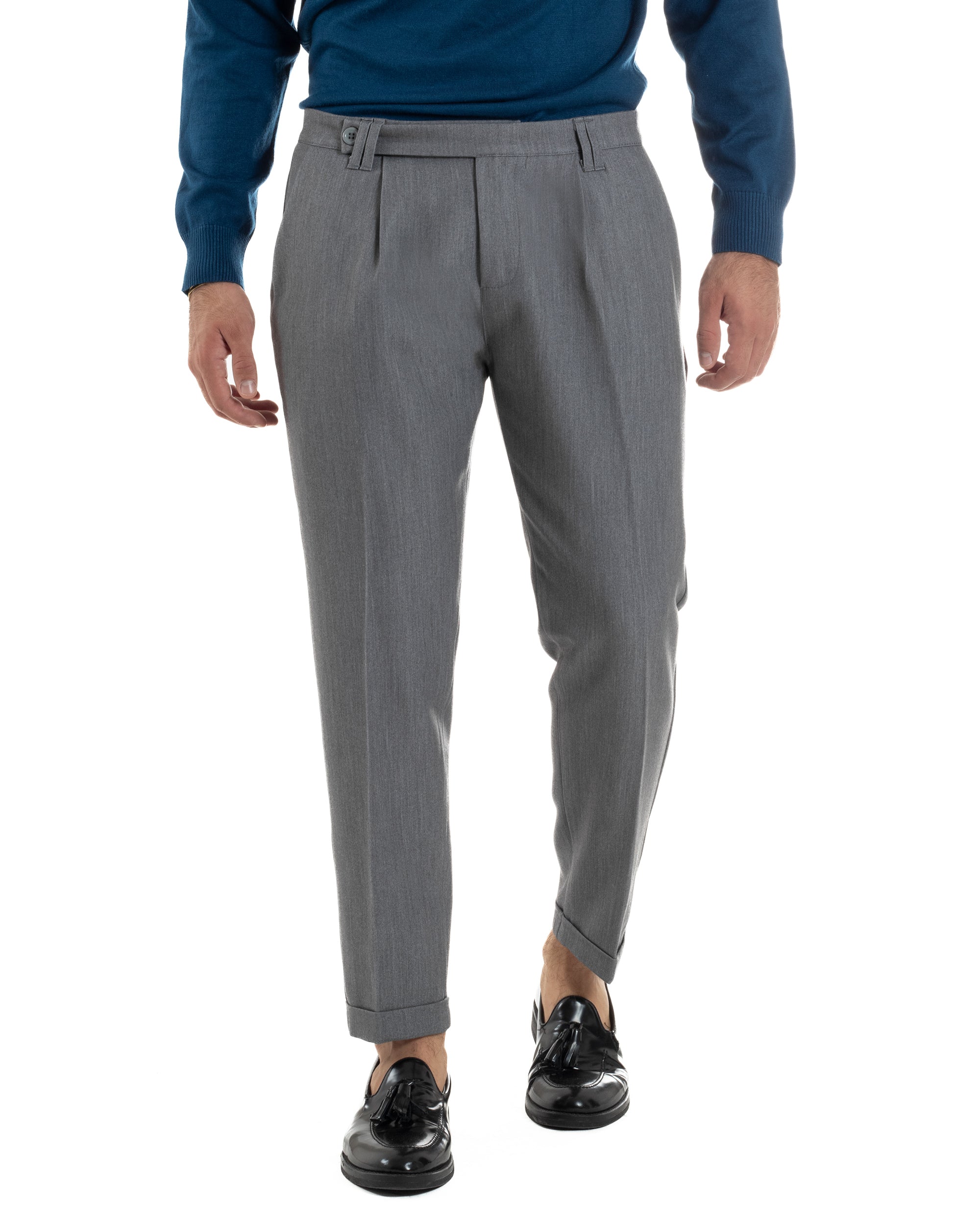 Pantaloni Uomo Viscosa Pinces Classico Abbottonatura Allungata Grigio P6393A