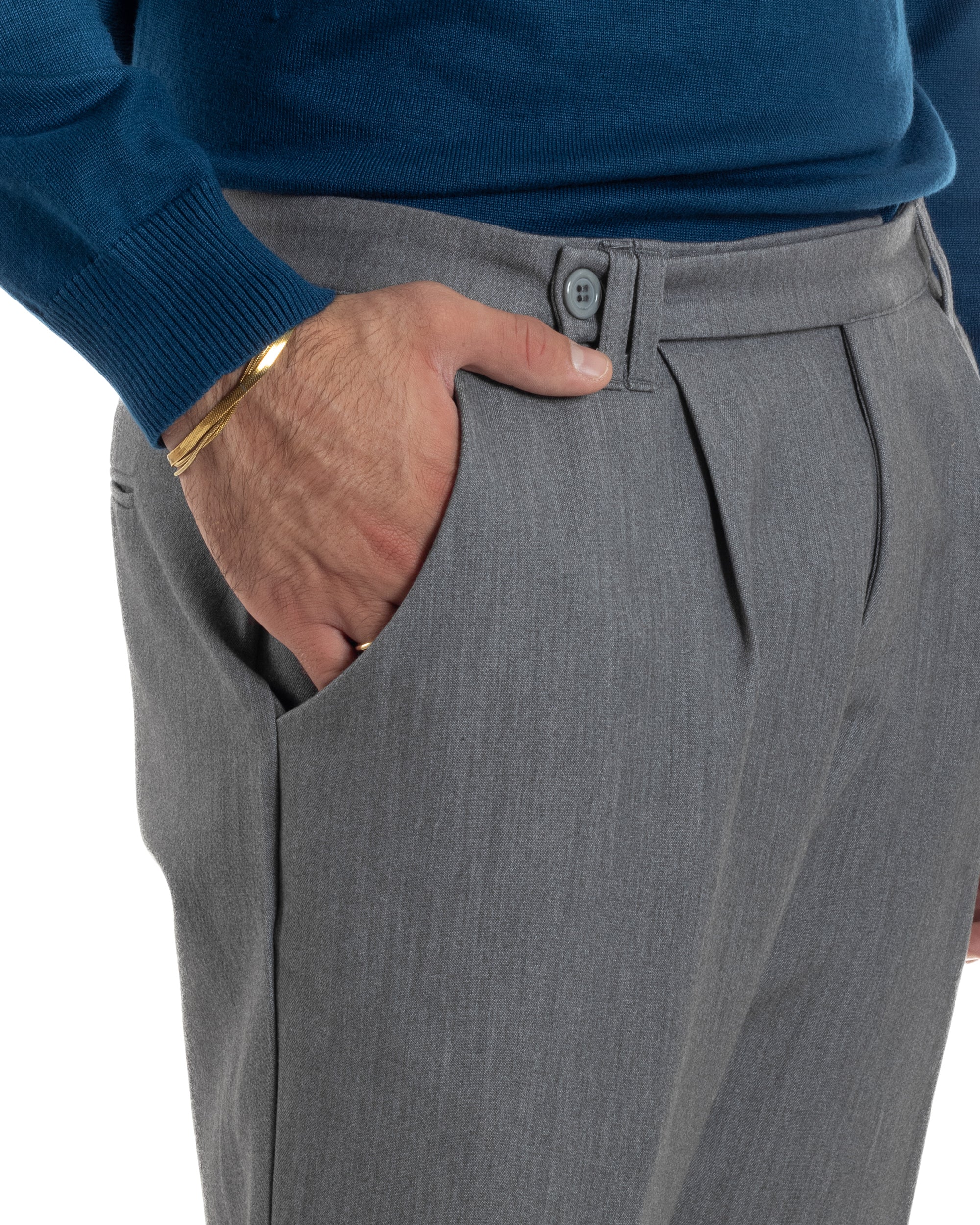 Pantaloni Uomo Viscosa Pinces Classico Abbottonatura Allungata Grigio P6393A