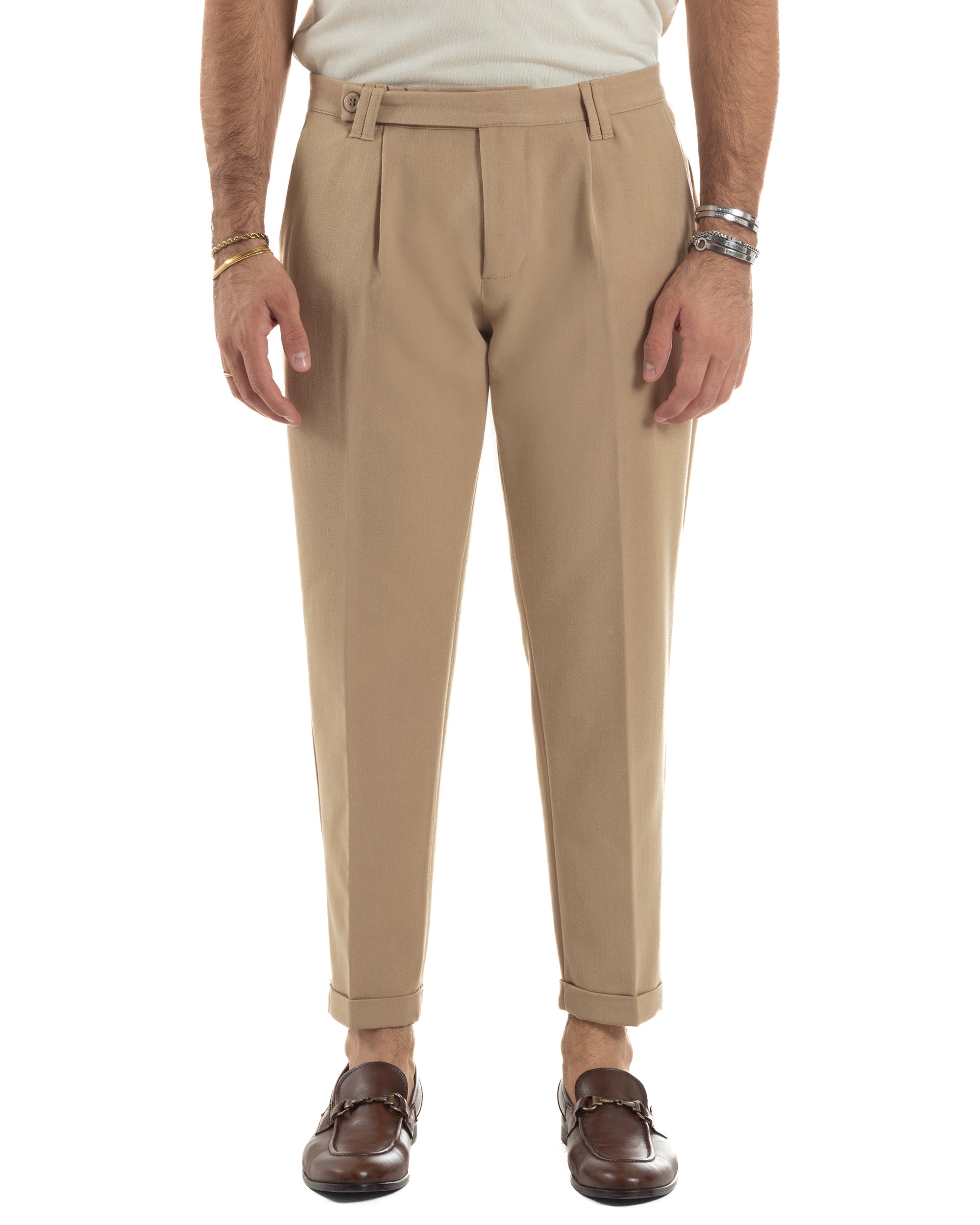 Pantaloni Uomo Viscosa Pinces Classico Abbottonatura Allungata Beige P6397A