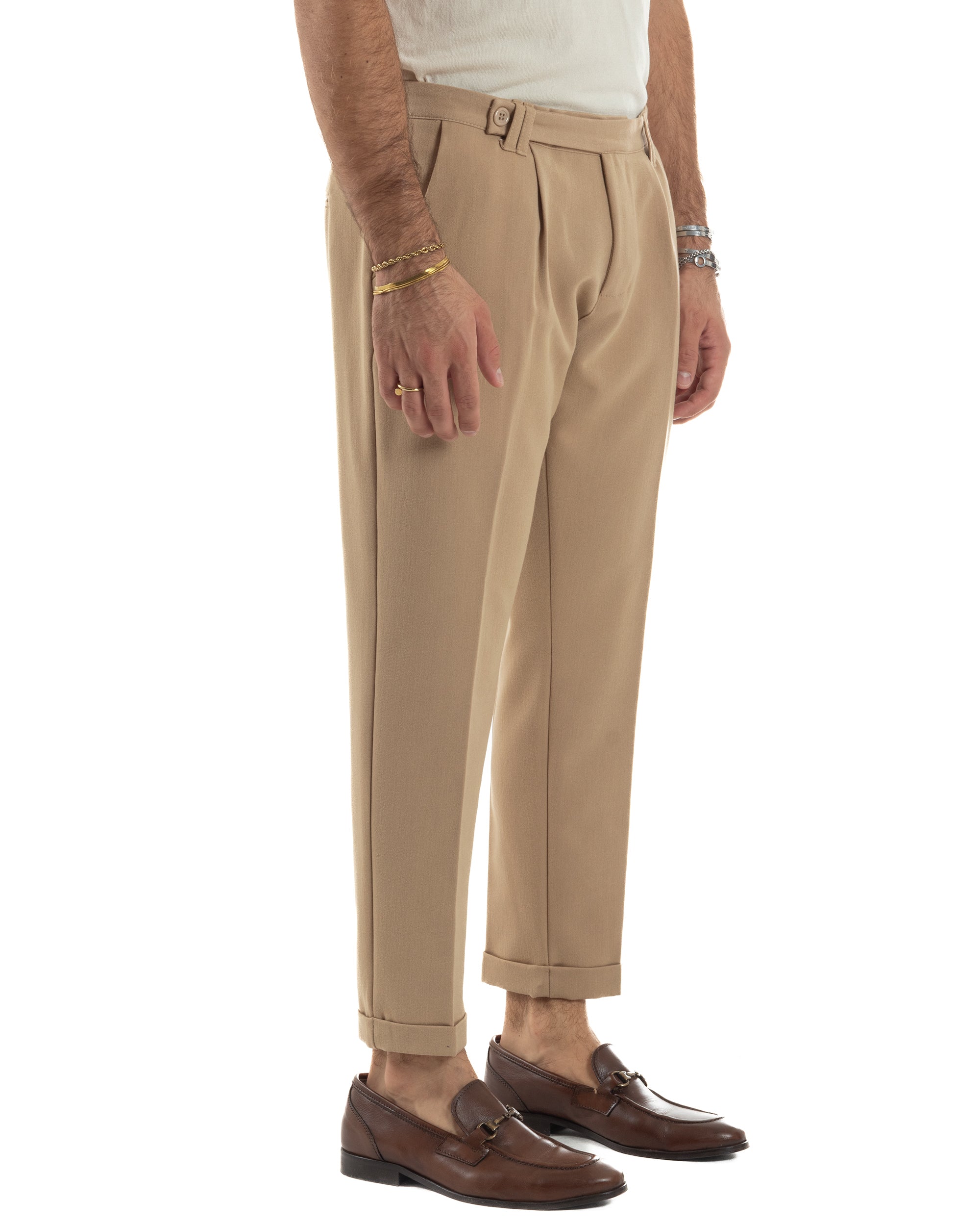 Pantaloni Uomo Viscosa Pinces Classico Abbottonatura Allungata Beige P6397A