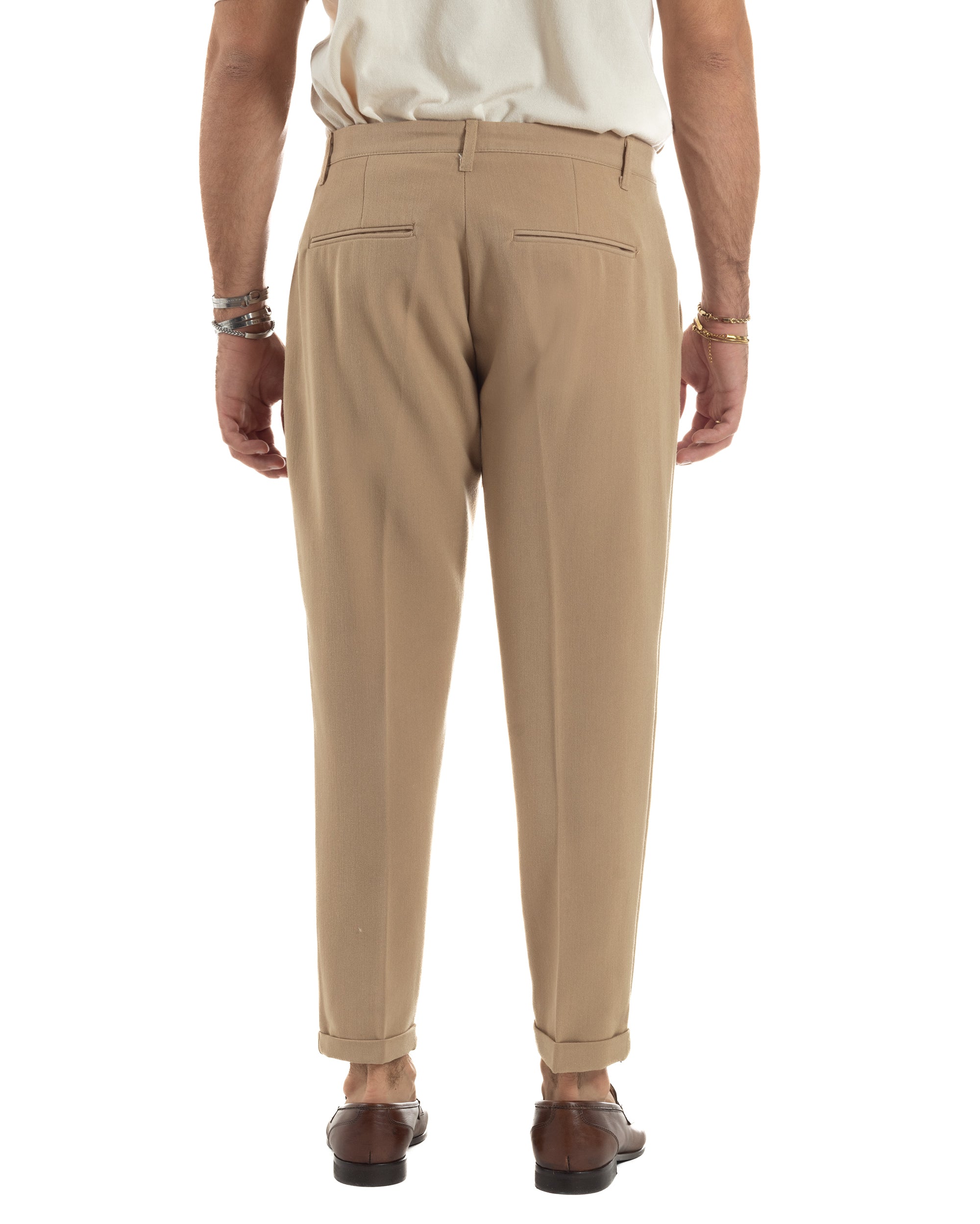 Pantaloni Uomo Viscosa Pinces Classico Abbottonatura Allungata Beige P6397A