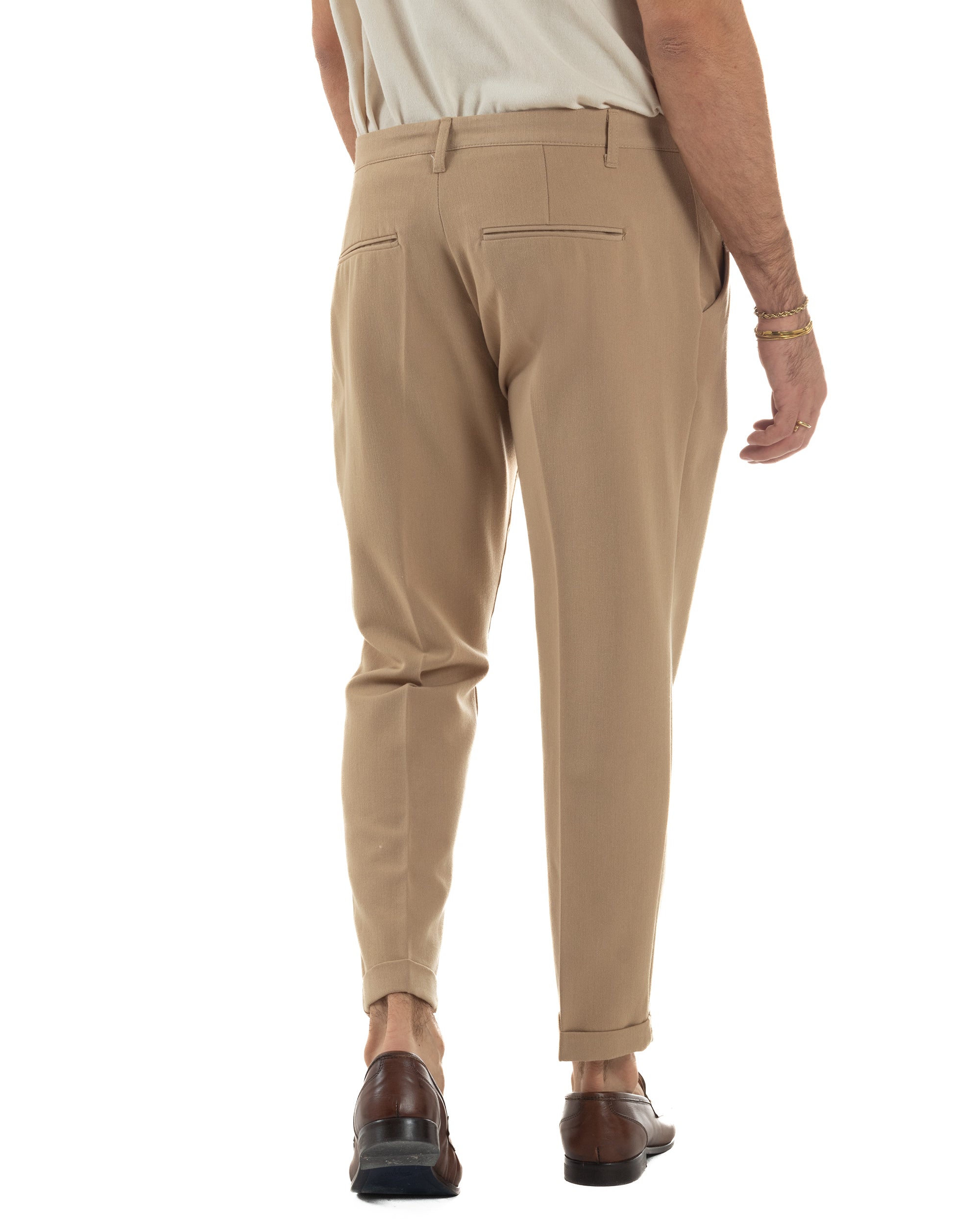Pantaloni Uomo Viscosa Pinces Classico Abbottonatura Allungata Beige P6397A