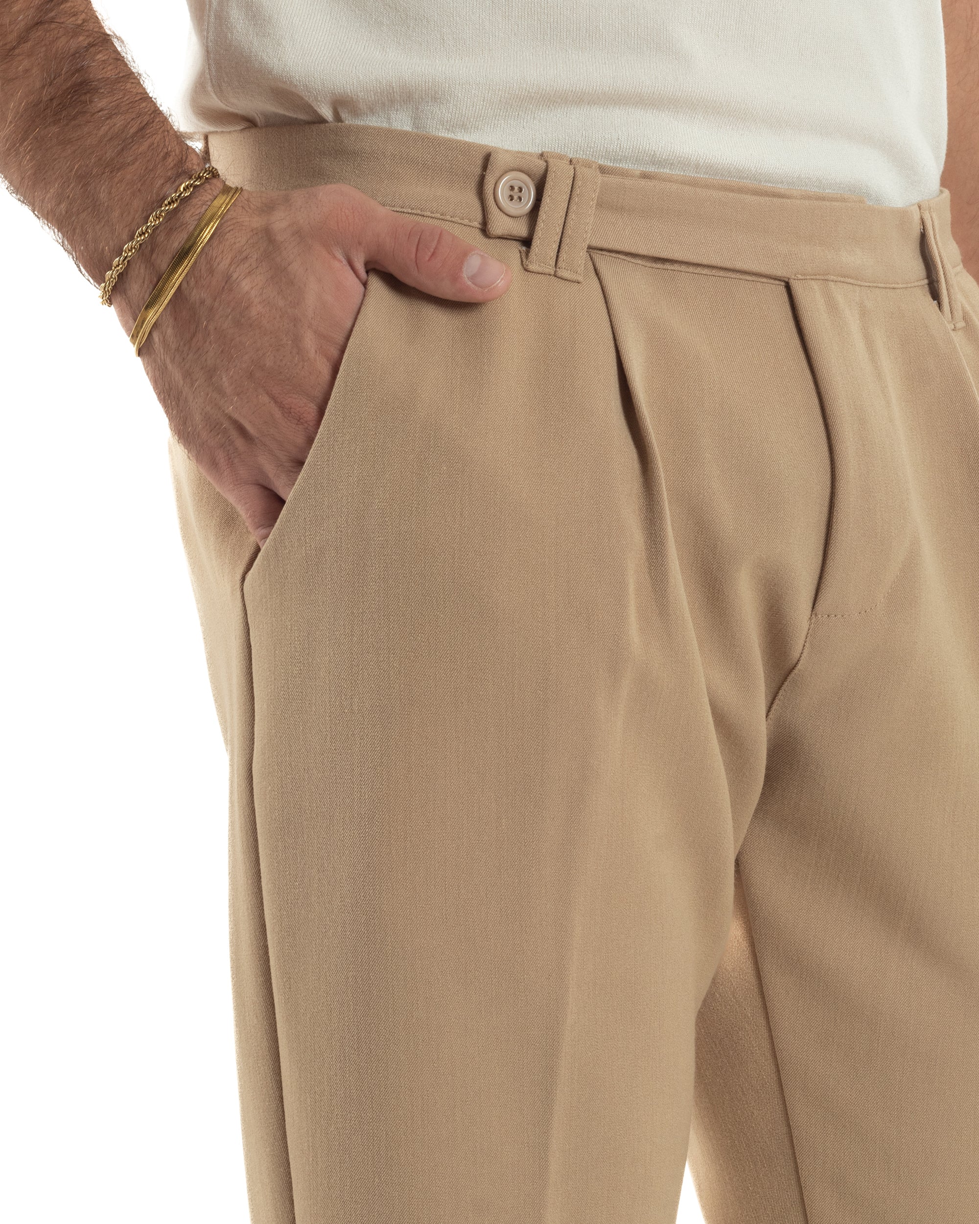 Pantaloni Uomo Viscosa Pinces Classico Abbottonatura Allungata Beige P6397A