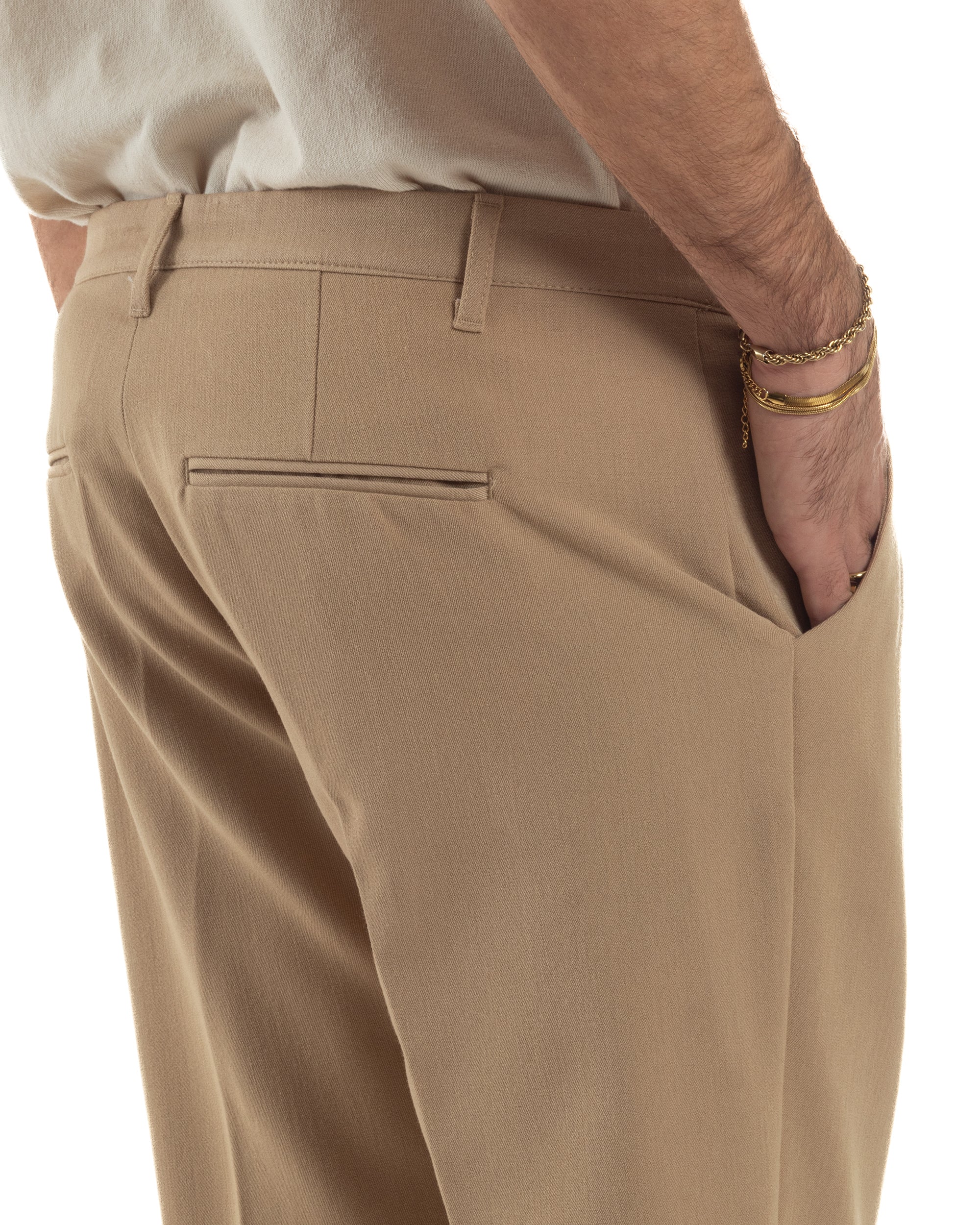 Pantaloni Uomo Viscosa Pinces Classico Abbottonatura Allungata Beige P6397A