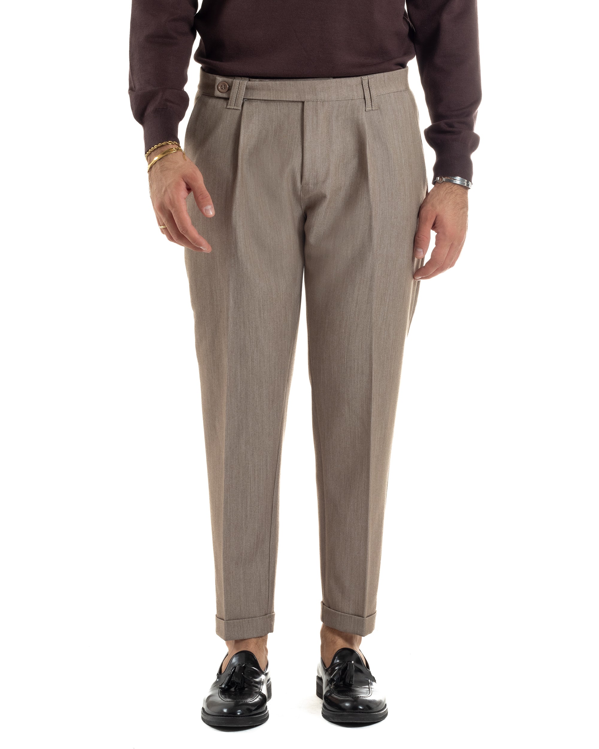 Pantaloni Uomo Viscosa Pinces Classico Abbottonatura Allungata Beige Melangiato P6392A