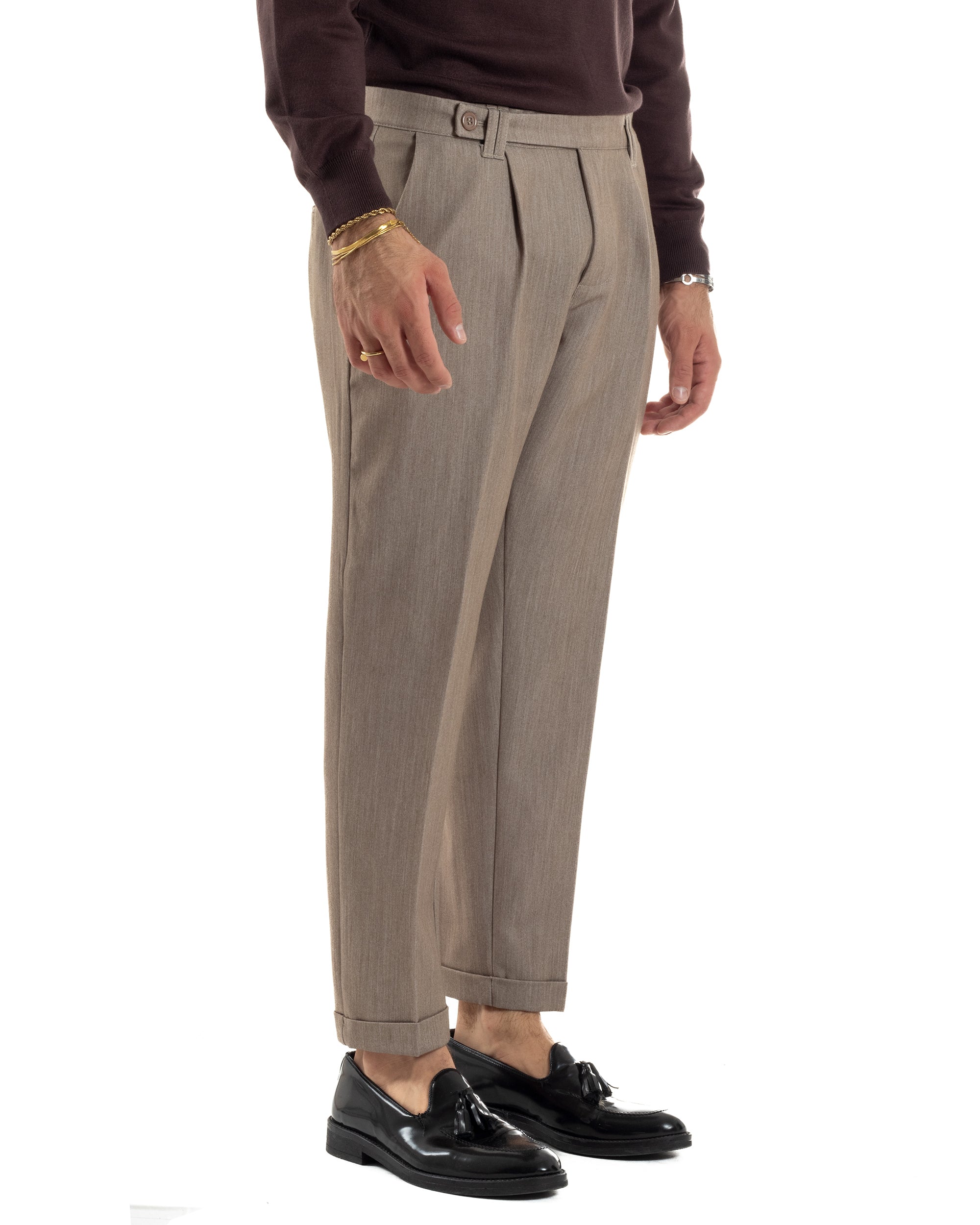 Pantaloni Uomo Viscosa Pinces Classico Abbottonatura Allungata Beige Melangiato P6392A