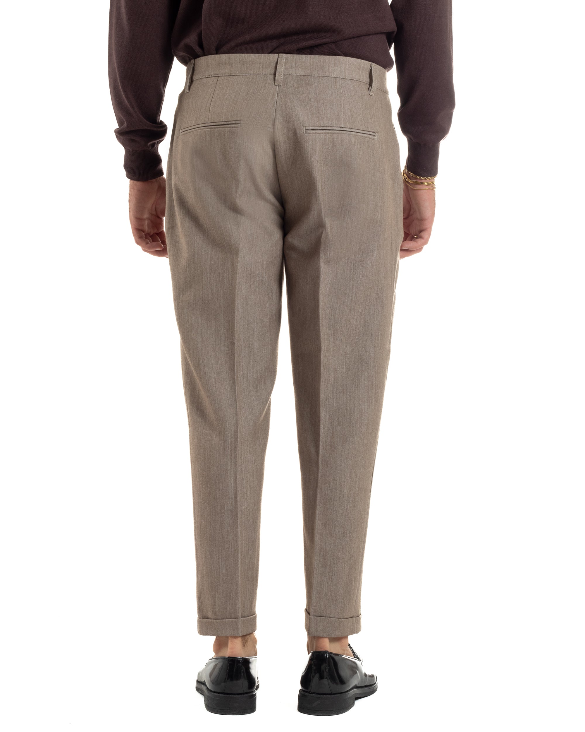 Pantaloni Uomo Viscosa Pinces Classico Abbottonatura Allungata Beige Melangiato P6392A