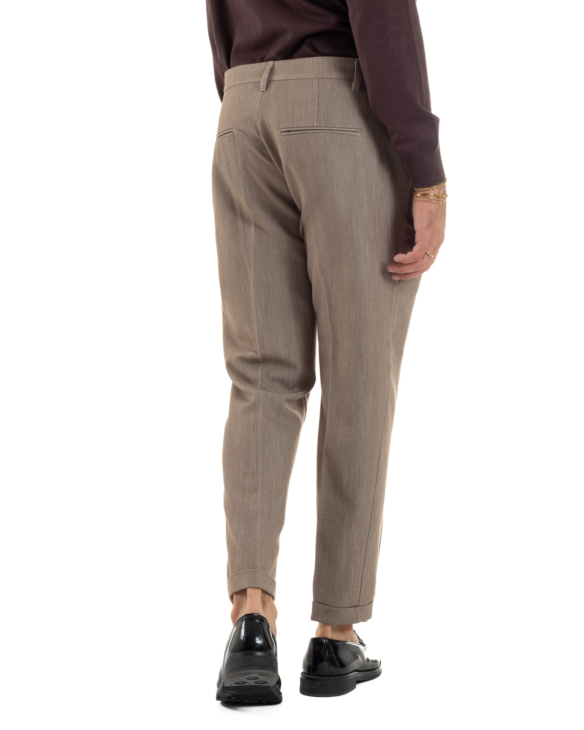 Pantaloni Uomo Viscosa Pinces Classico Abbottonatura Allungata Beige Melangiato P6392A