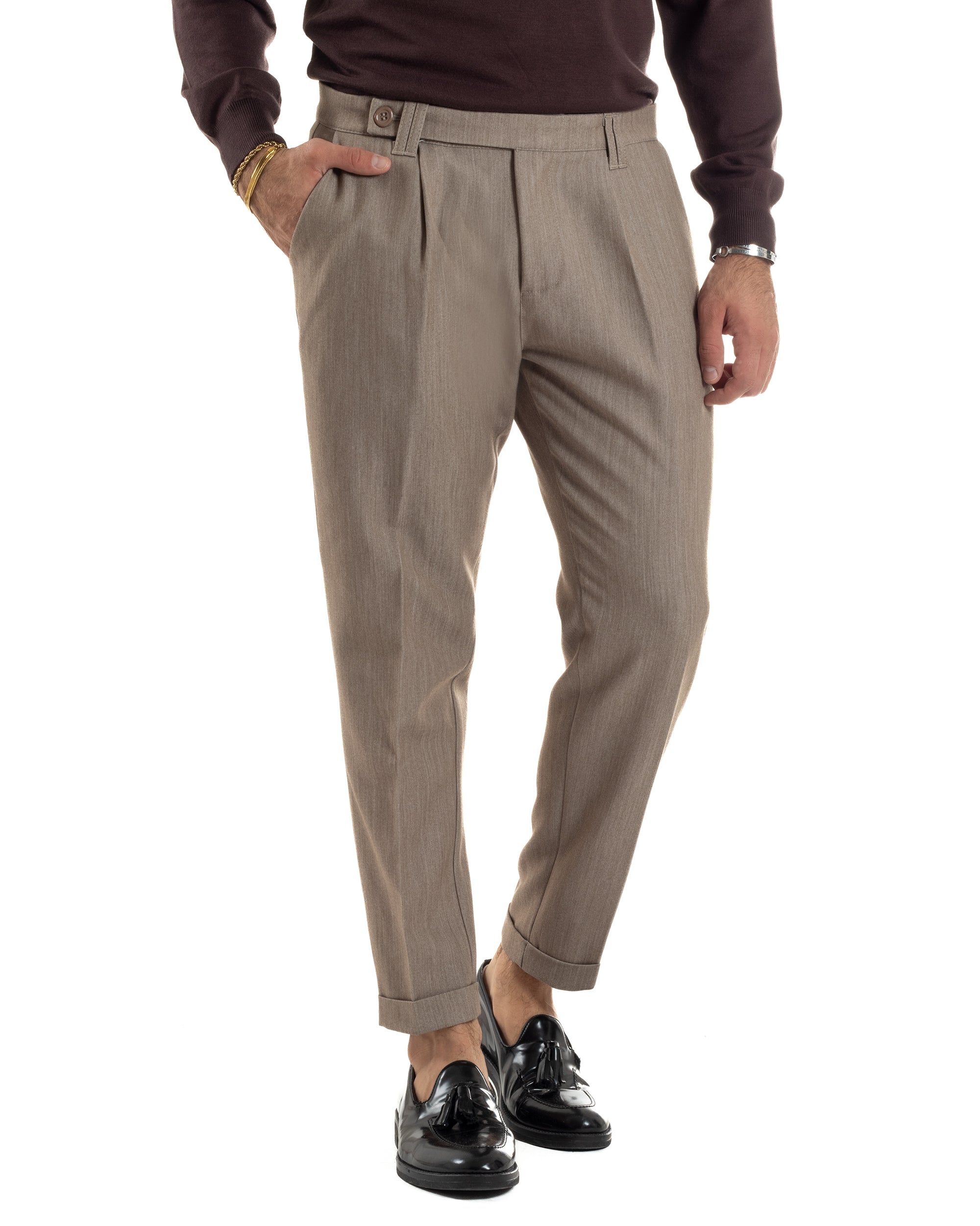 Pantaloni Uomo Viscosa Pinces Classico Abbottonatura Allungata Beige Melangiato P6392A