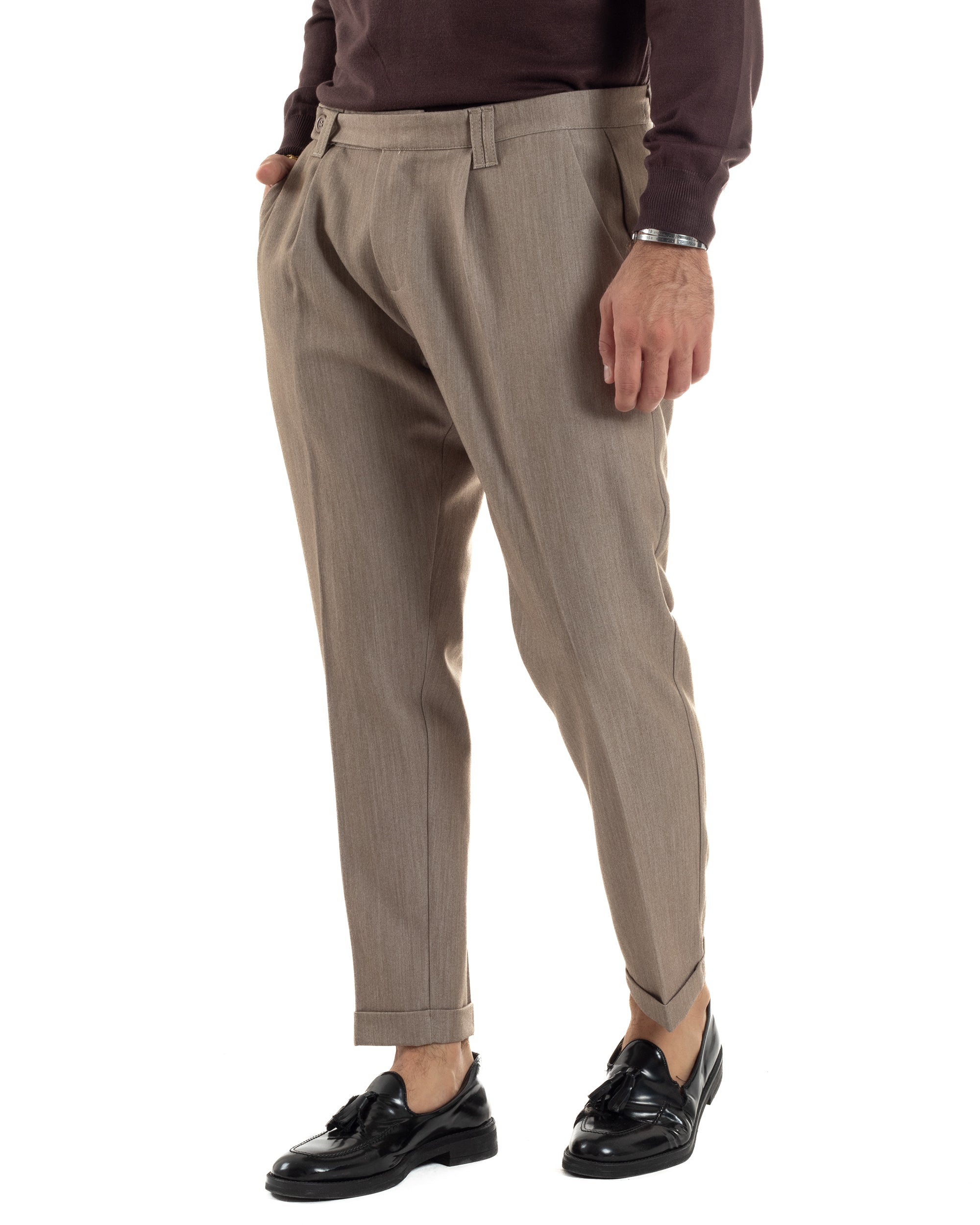 Pantaloni Uomo Viscosa Pinces Classico Abbottonatura Allungata Beige Melangiato P6392A